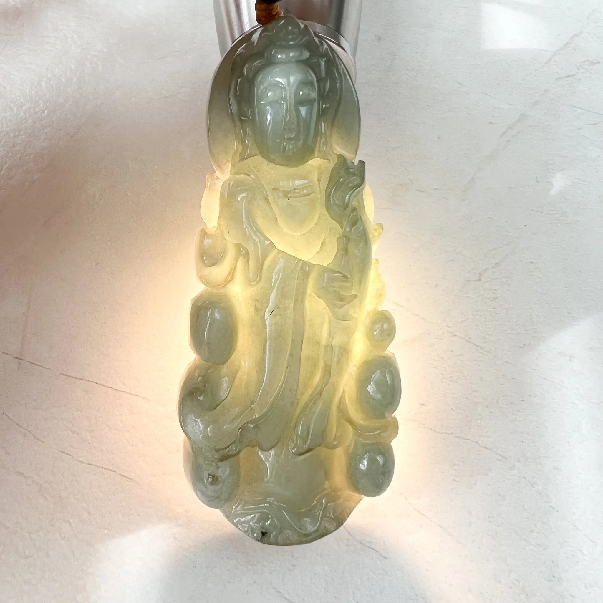 Green Jadeite Jade Guan Yin Avalokiteshvara Hand Carved Pendant Necklace, YJ-1221-0235513