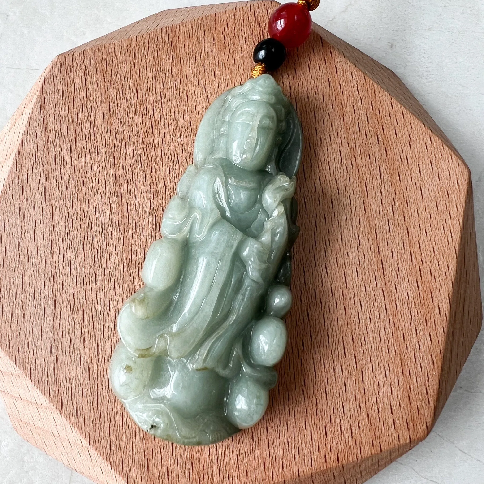 Green Jadeite Jade Guan Yin Avalokiteshvara Hand Carved Pendant Necklace, YJ-1221-0235513