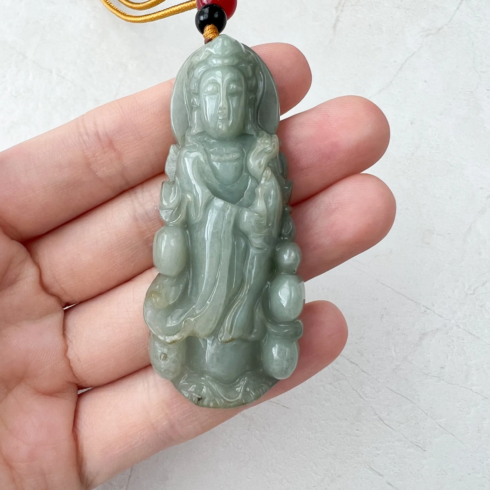 Green Jadeite Jade Guan Yin Avalokiteshvara Hand Carved Pendant Necklace, YJ-1221-0235513