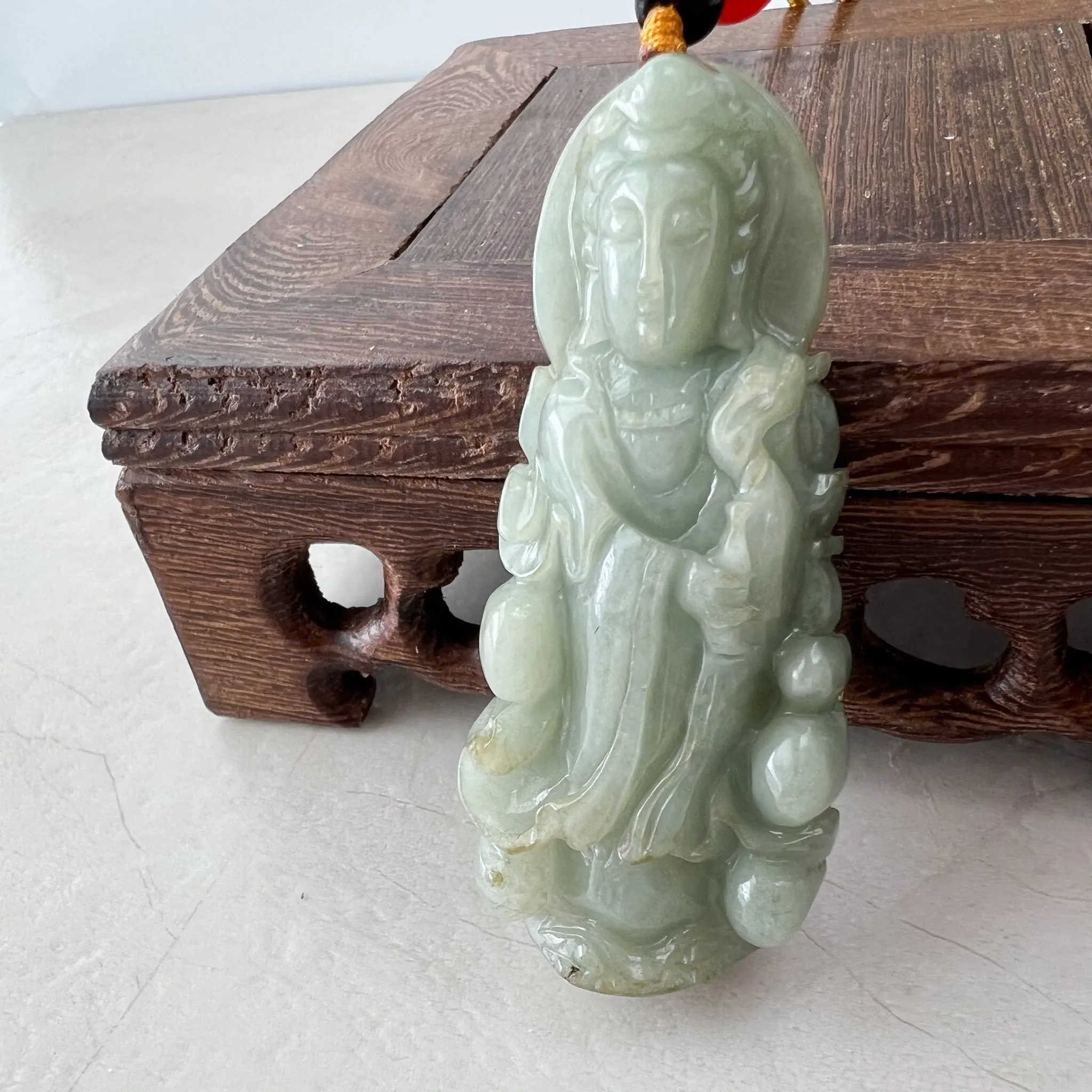 Green Jadeite Jade Guan Yin Avalokiteshvara Hand Carved Pendant Necklace, YJ-1221-0235513