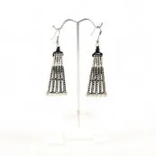 Hammered Dot Drop Fan Dangle Earrings Silver Tone