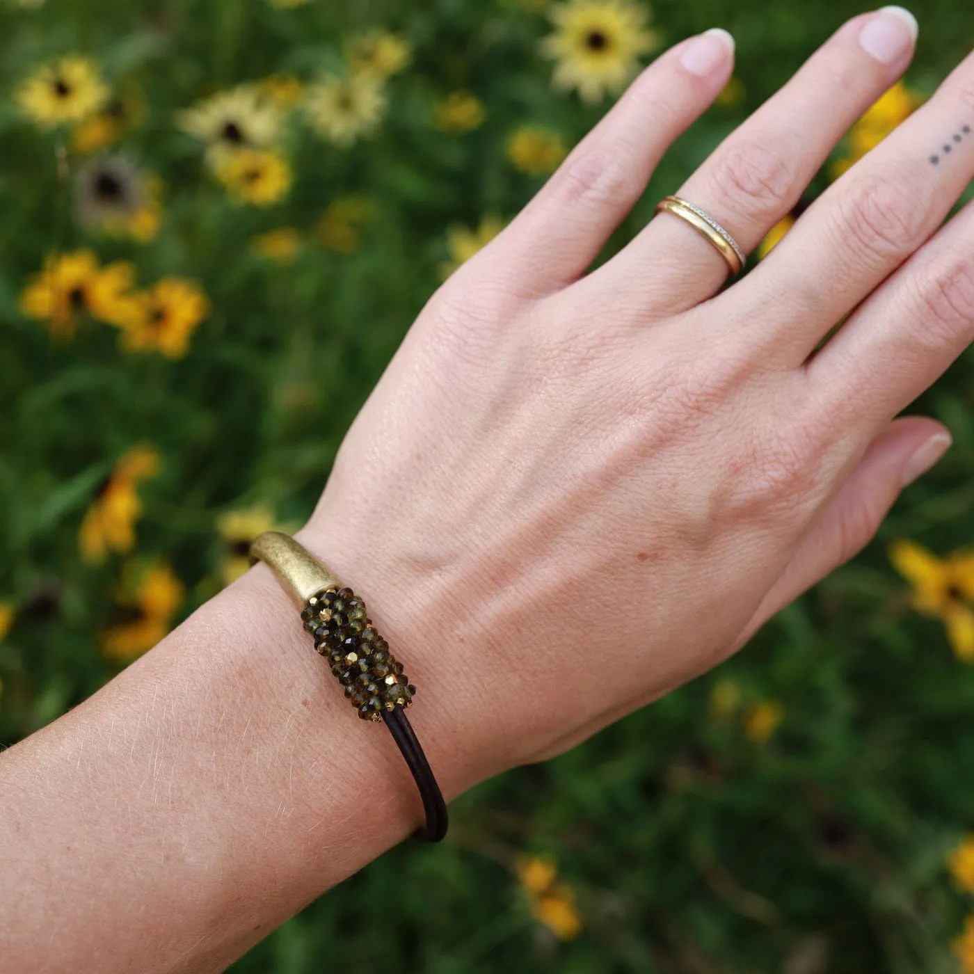 Hand Stitched Mix of Shaded Green Garnet Bracelet
