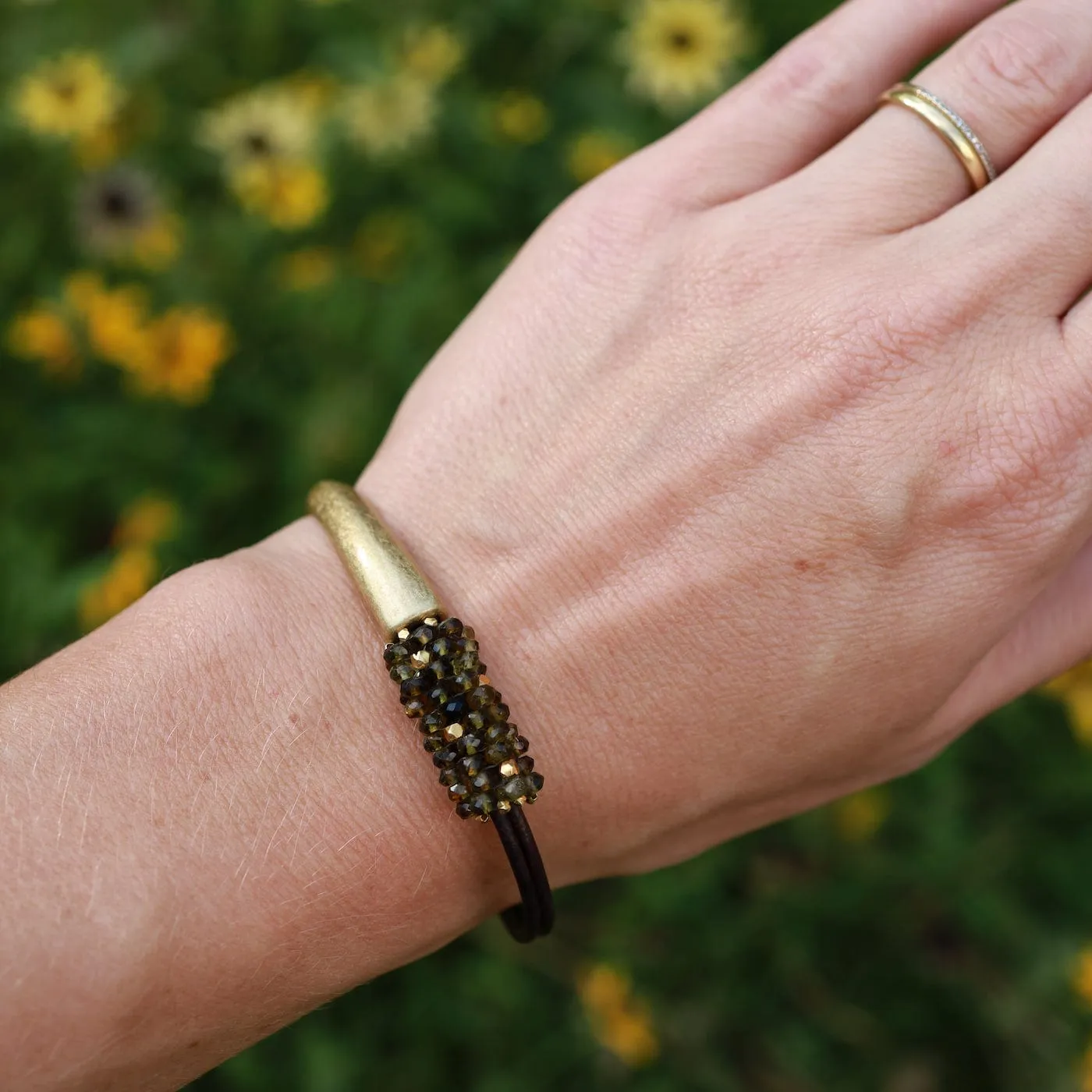 Hand Stitched Mix of Shaded Green Garnet Bracelet