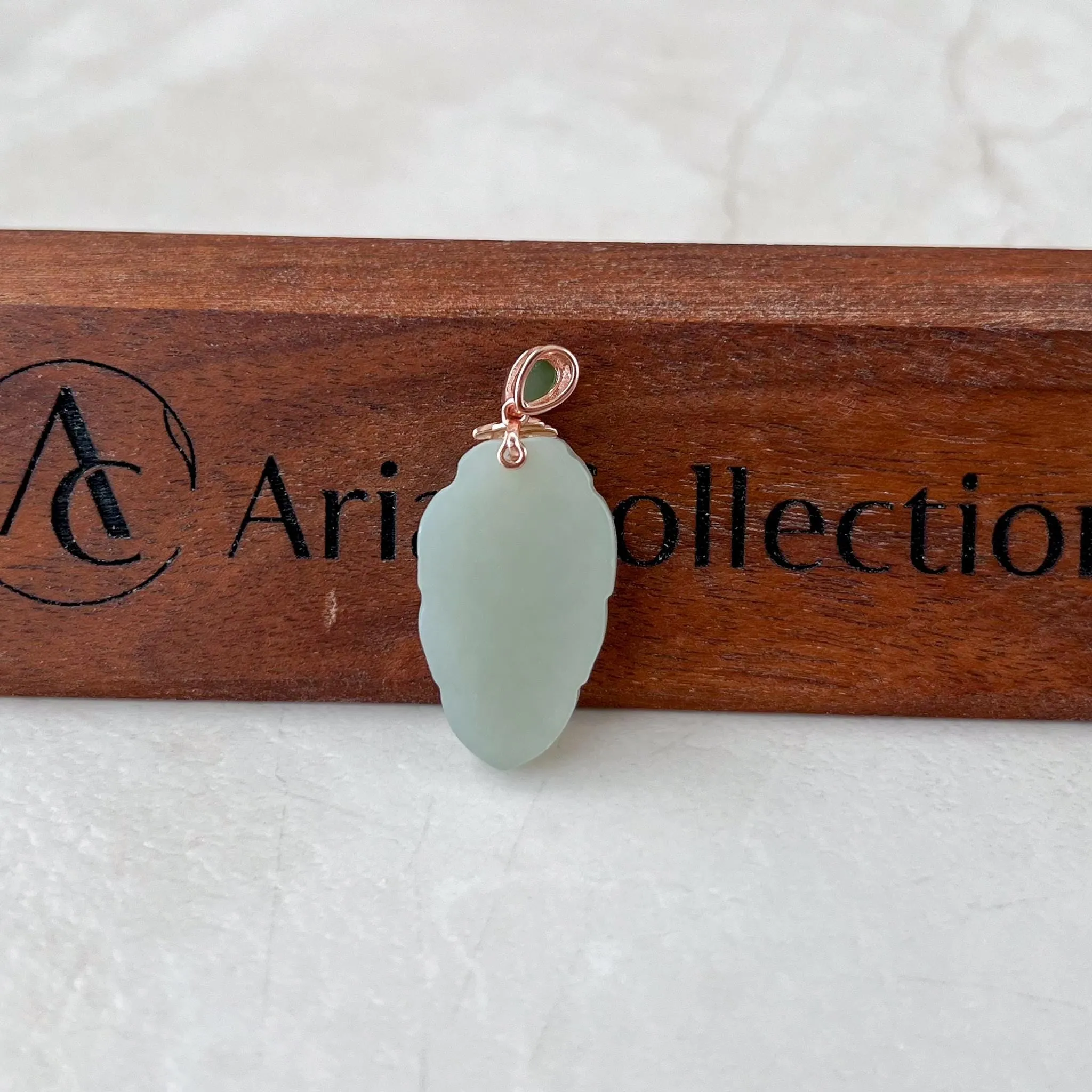 Jade Leaf Pendant, Light Green Yellow Jade Nephrite Jade, Rose Gold Plated Sterling Silver Necklace, XWZ-0722-HY38529634030
