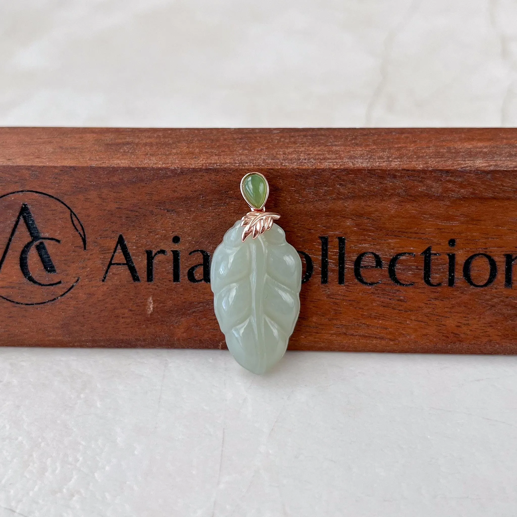 Jade Leaf Pendant, Light Green Yellow Jade Nephrite Jade, Rose Gold Plated Sterling Silver Necklace, XWZ-0722-HY38529634030