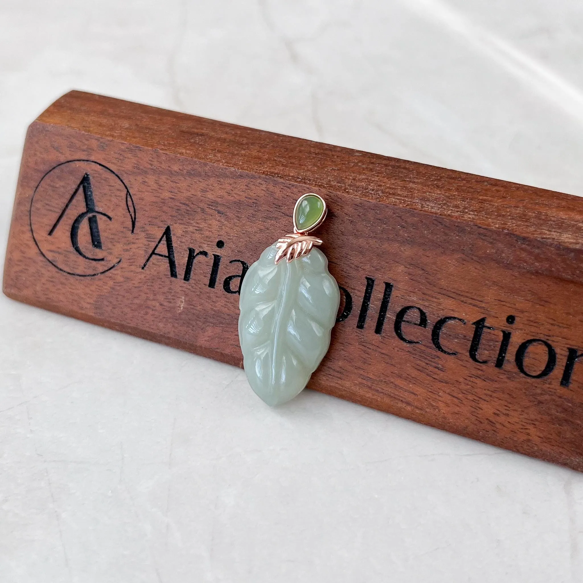 Jade Leaf Pendant, Light Green Yellow Jade Nephrite Jade, Rose Gold Plated Sterling Silver Necklace, XWZ-0722-HY38529634030