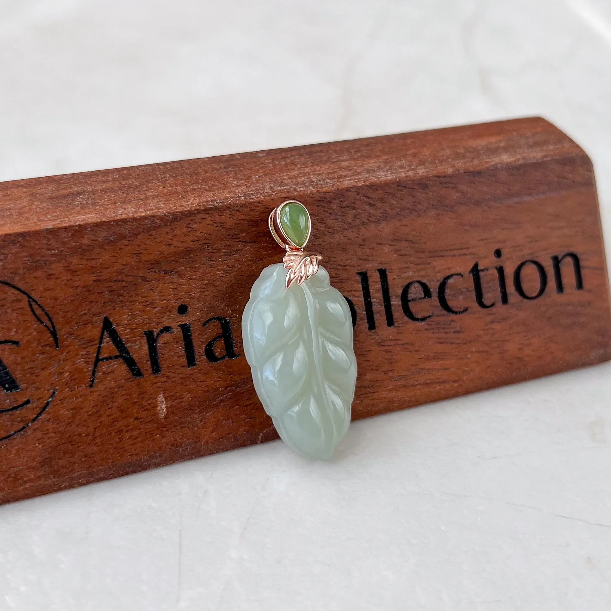 Jade Leaf Pendant, Light Green Yellow Jade Nephrite Jade, Rose Gold Plated Sterling Silver Necklace, XWZ-0722-HY38529634030