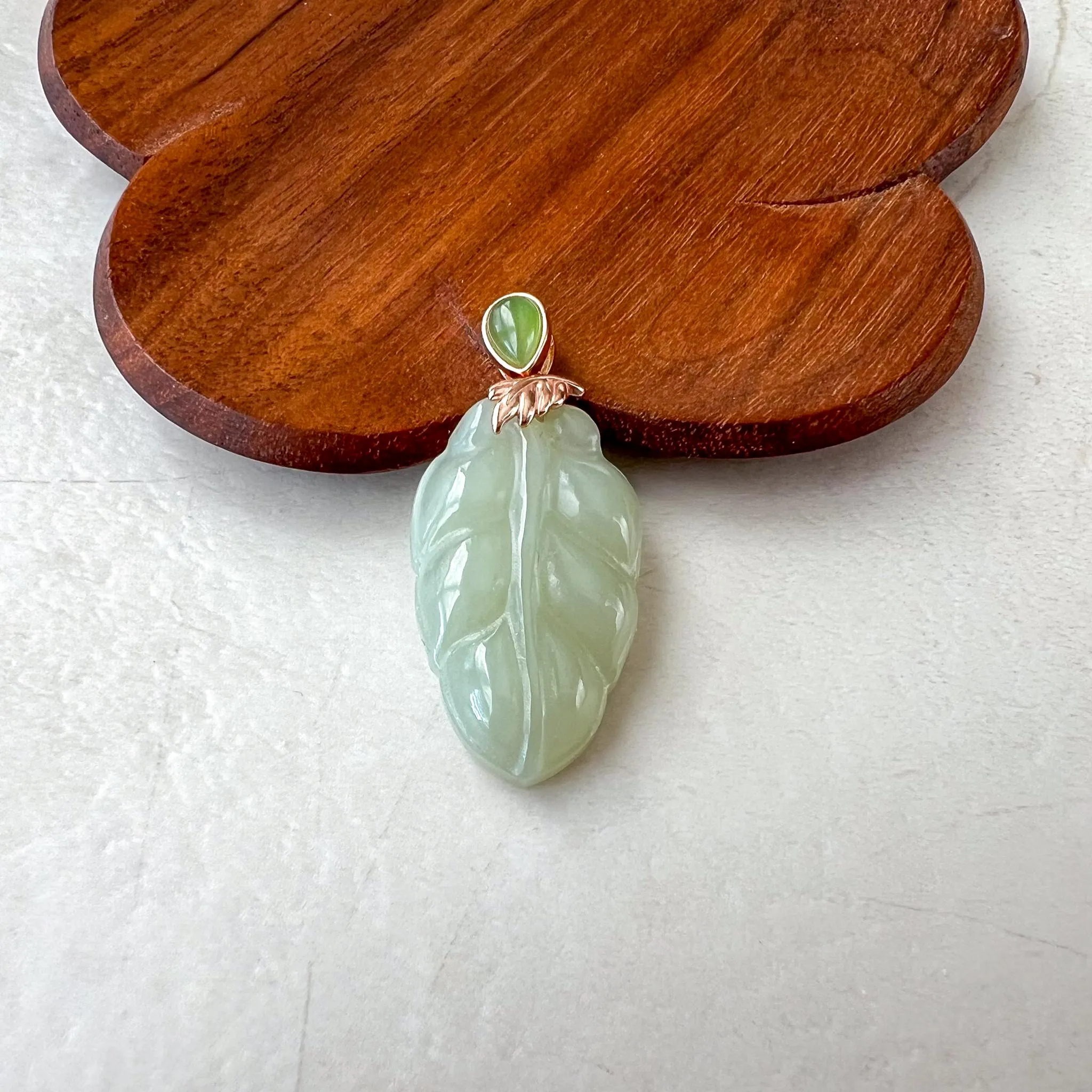 Jade Leaf Pendant, Light Green Yellow Jade Nephrite Jade, Rose Gold Plated Sterling Silver Necklace, XWZ-0722-HY38529634030