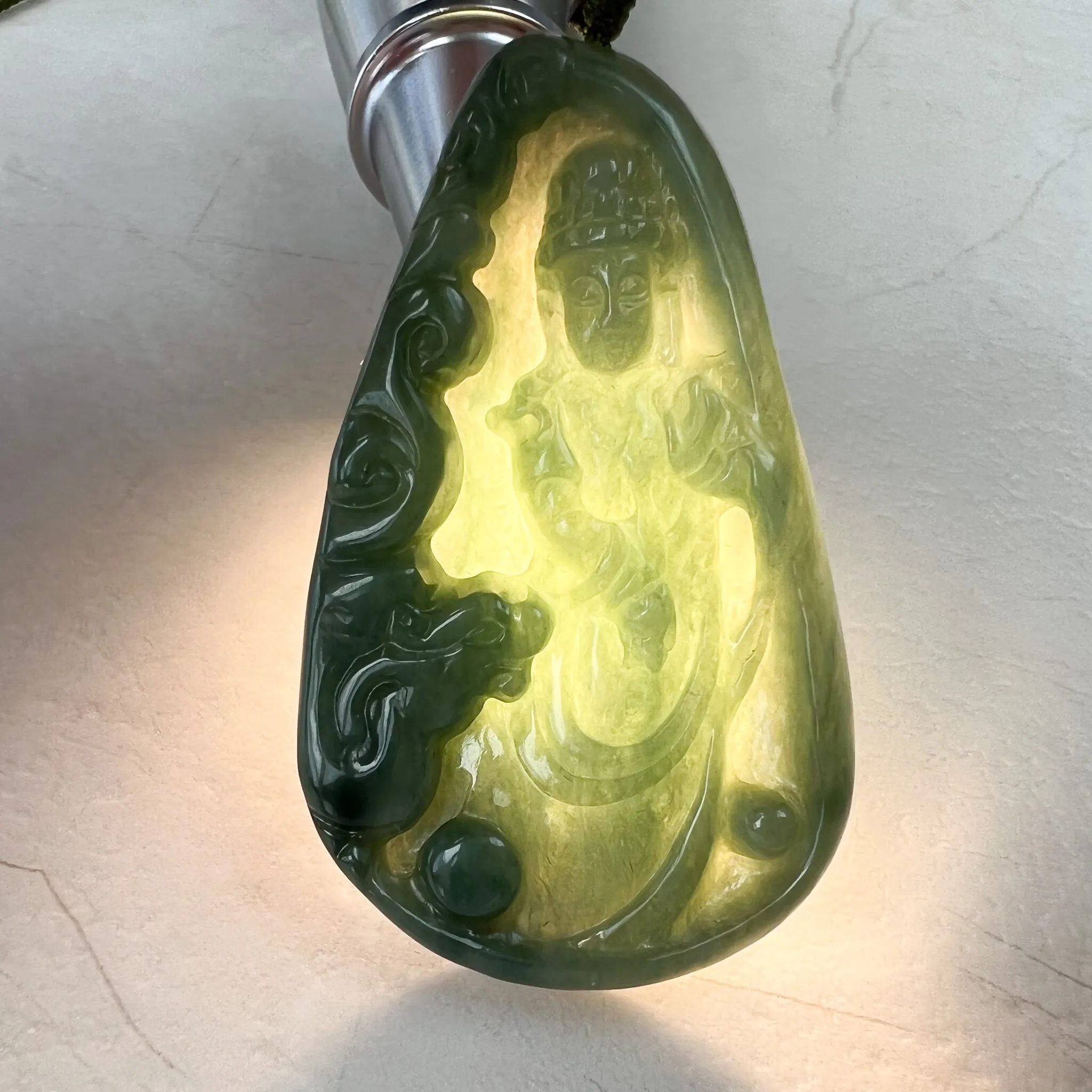 Jadeite Jade Guan Yin Avalokiteshvara and Dragon Carved Pendant Necklace, Quan Am, YJ-1221-0210864