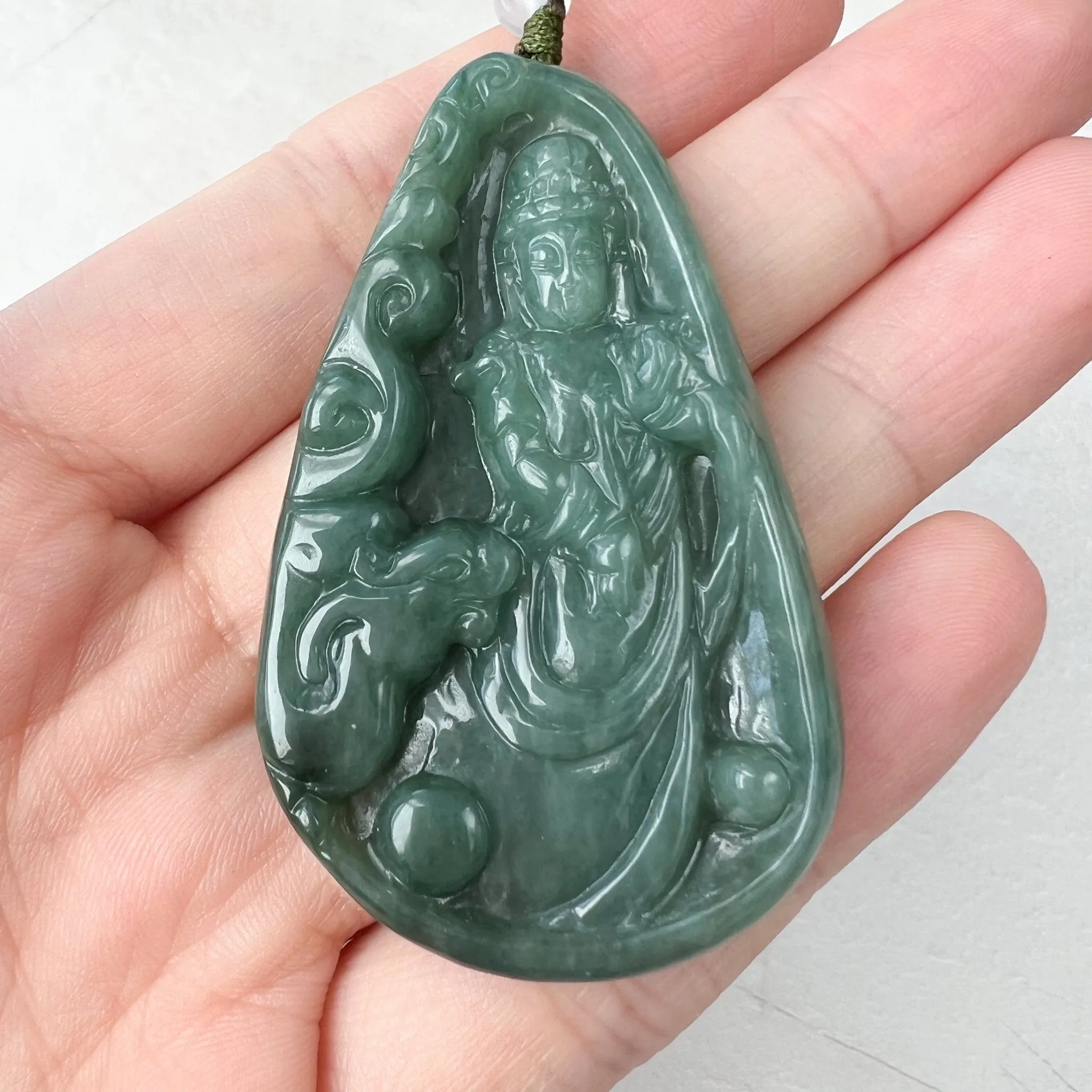 Jadeite Jade Guan Yin Avalokiteshvara and Dragon Carved Pendant Necklace, Quan Am, YJ-1221-0210864