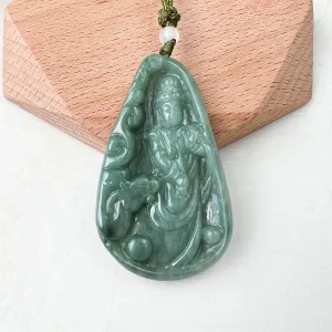 Jadeite Jade Guan Yin Avalokiteshvara and Dragon Carved Pendant Necklace, Quan Am, YJ-1221-0210864