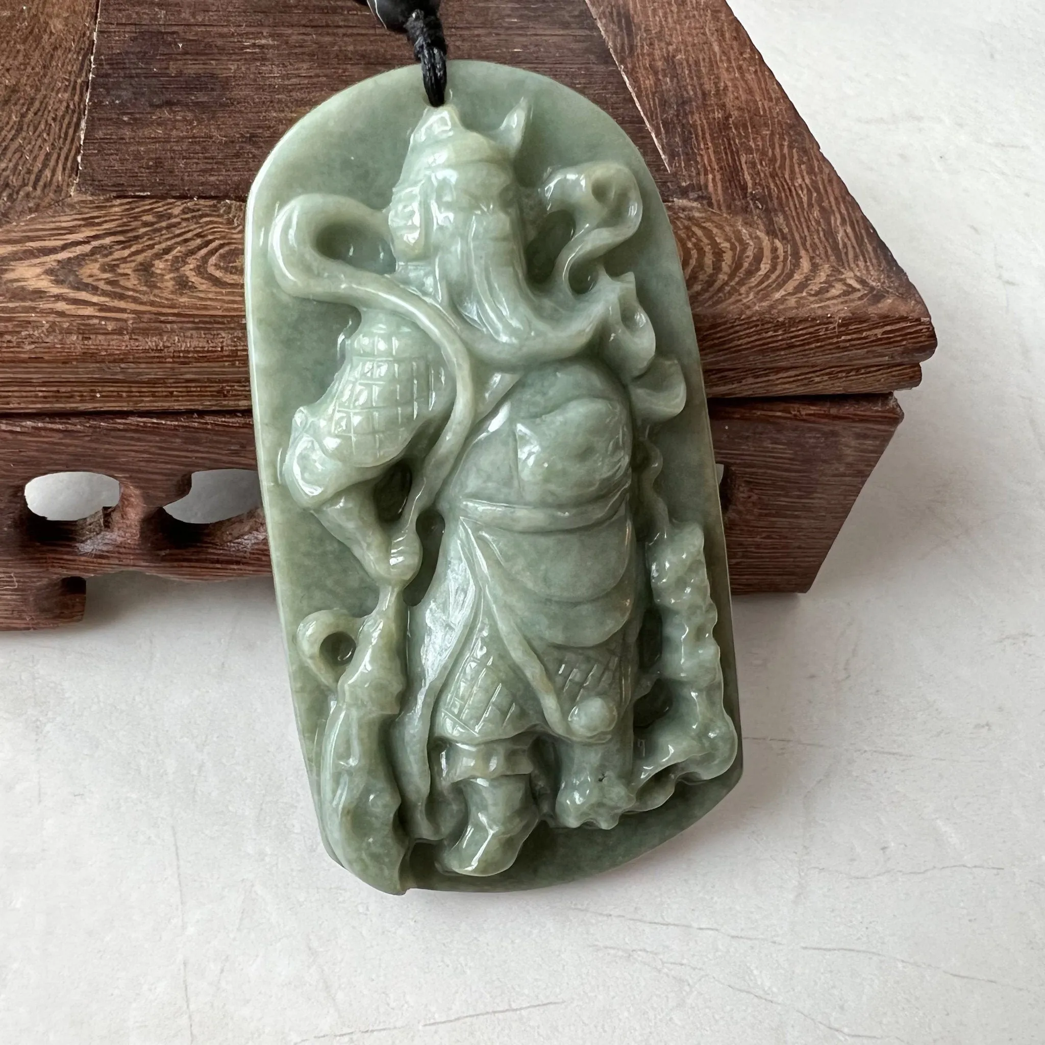 Large Green Jadeite Jade Guan Yu Guan Gong Carved Pendant Necklace, YJ-0621-0227652