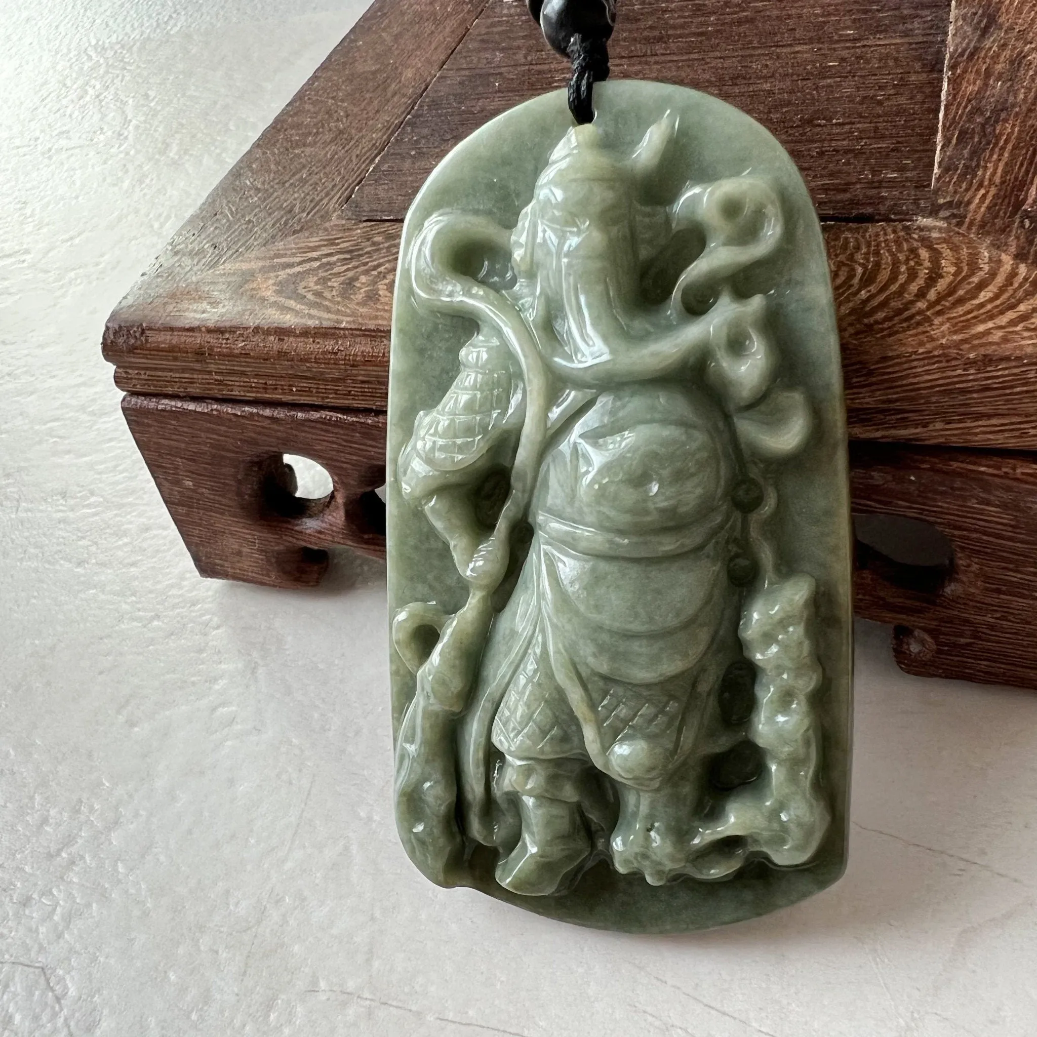 Large Green Jadeite Jade Guan Yu Guan Gong Carved Pendant Necklace, YJ-0621-0227652