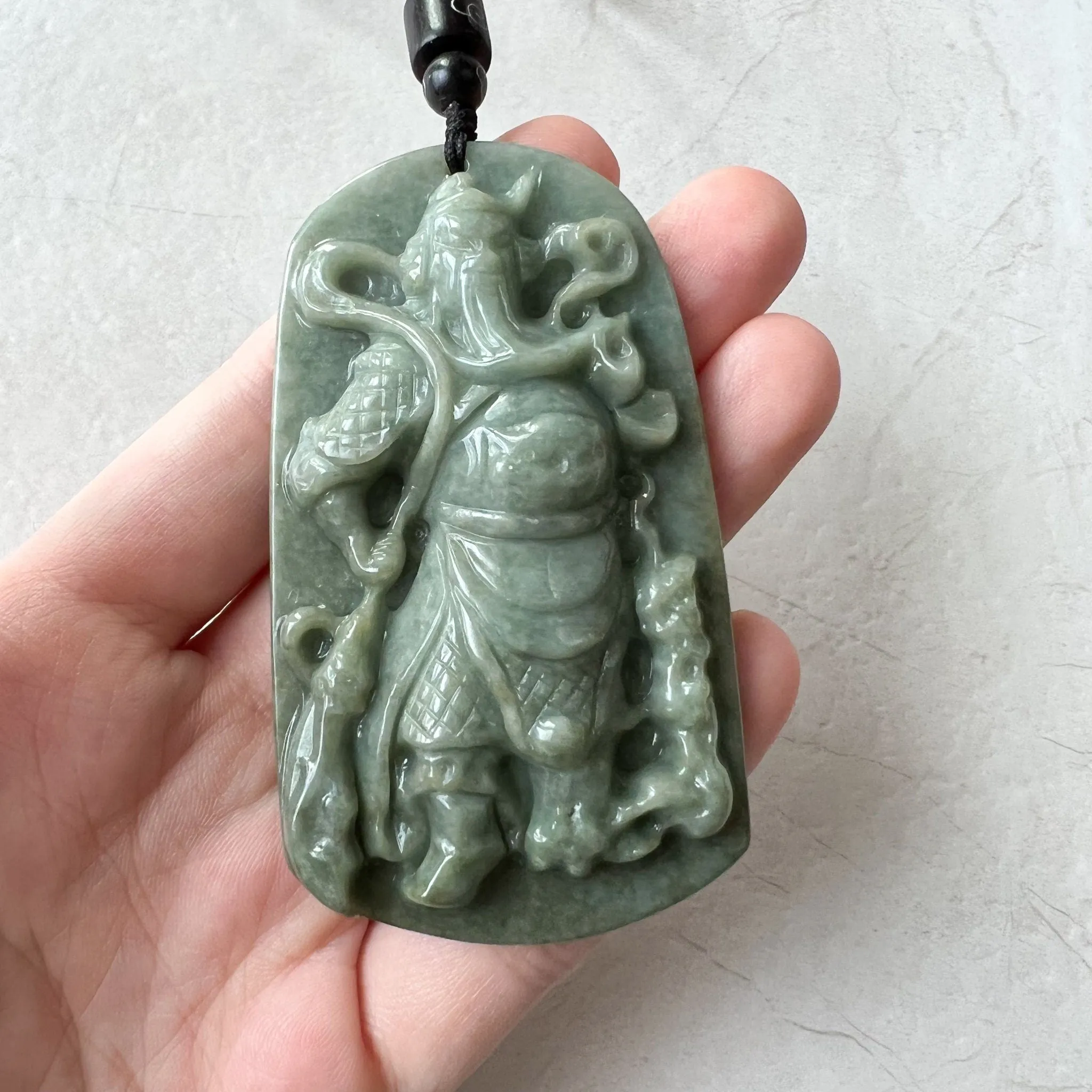 Large Green Jadeite Jade Guan Yu Guan Gong Carved Pendant Necklace, YJ-0621-0227652