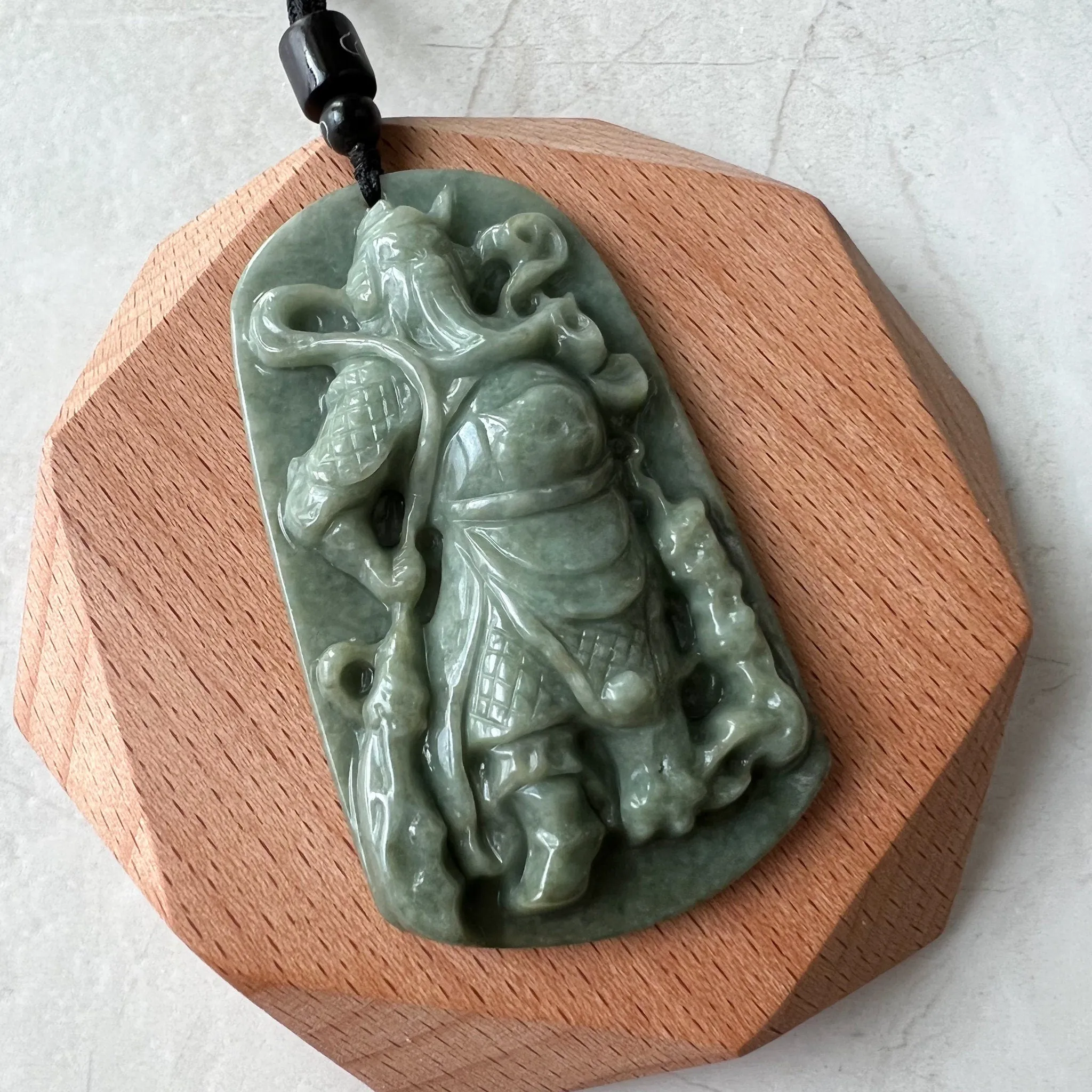 Large Green Jadeite Jade Guan Yu Guan Gong Carved Pendant Necklace, YJ-0621-0227652