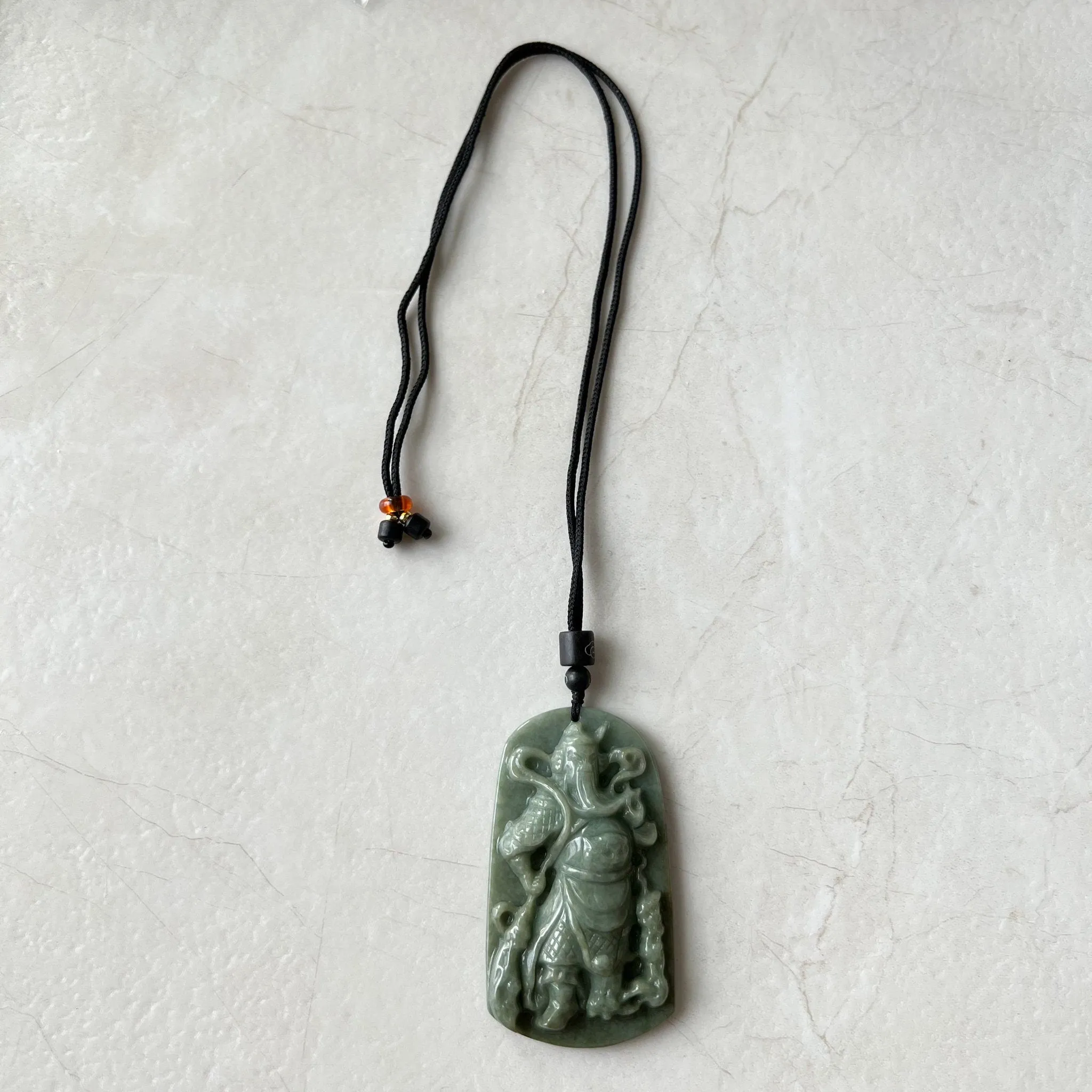 Large Green Jadeite Jade Guan Yu Guan Gong Carved Pendant Necklace, YJ-0621-0227652