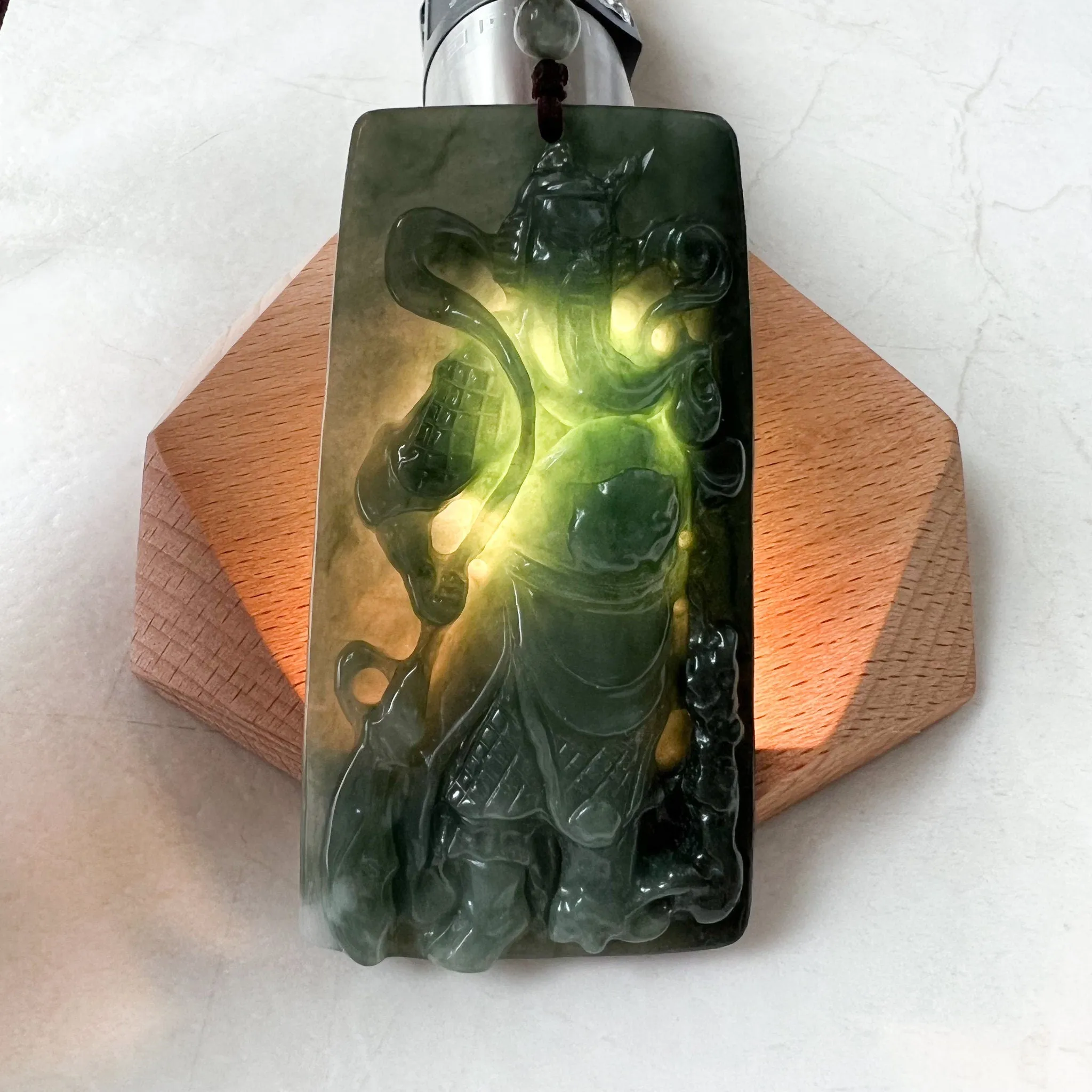Large Green Jadeite Jade Guan Yu Guan Gong Carved Pendant Necklace, YJ-0621-0244293