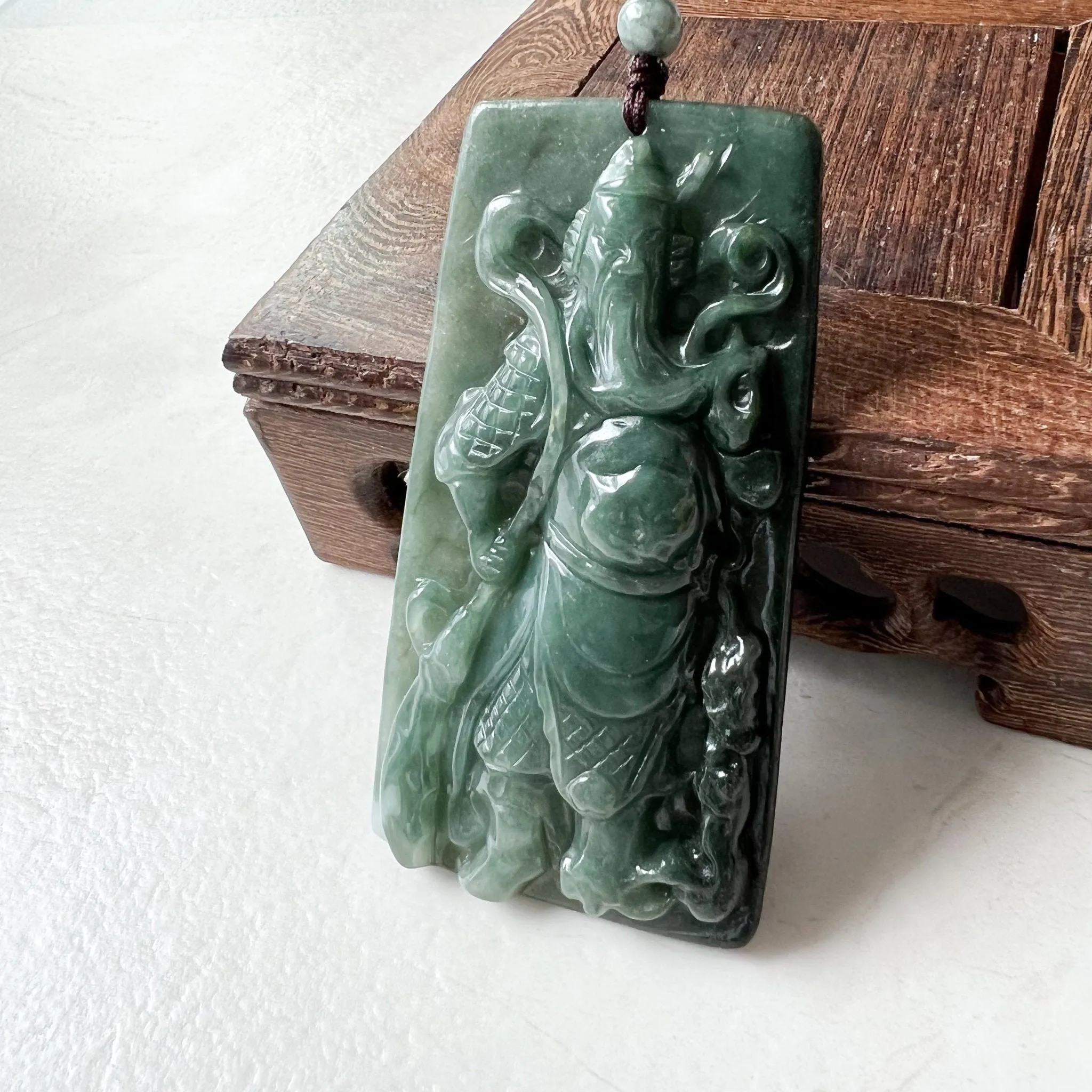 Large Green Jadeite Jade Guan Yu Guan Gong Carved Pendant Necklace, YJ-0621-0244293