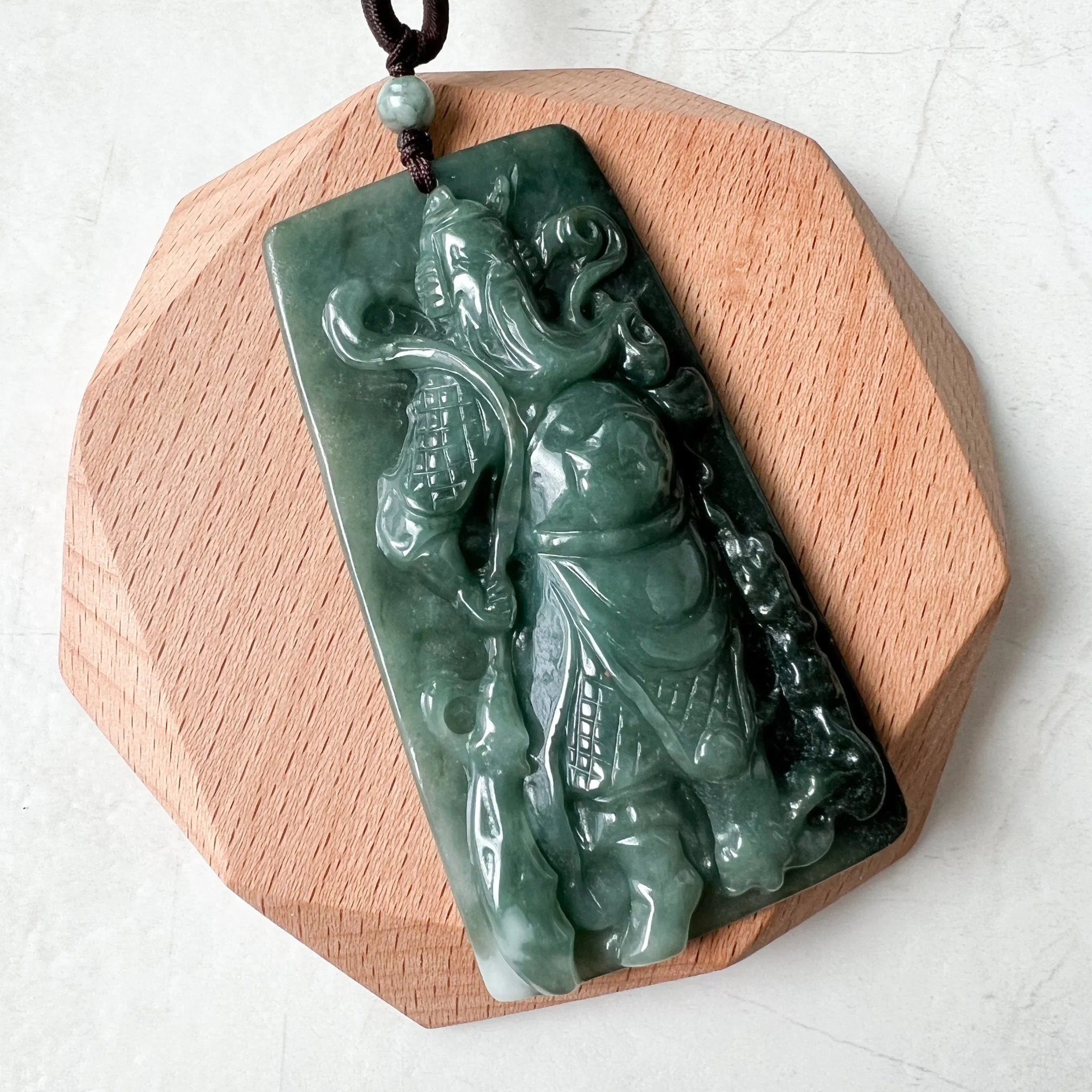 Large Green Jadeite Jade Guan Yu Guan Gong Carved Pendant Necklace, YJ-0621-0244293