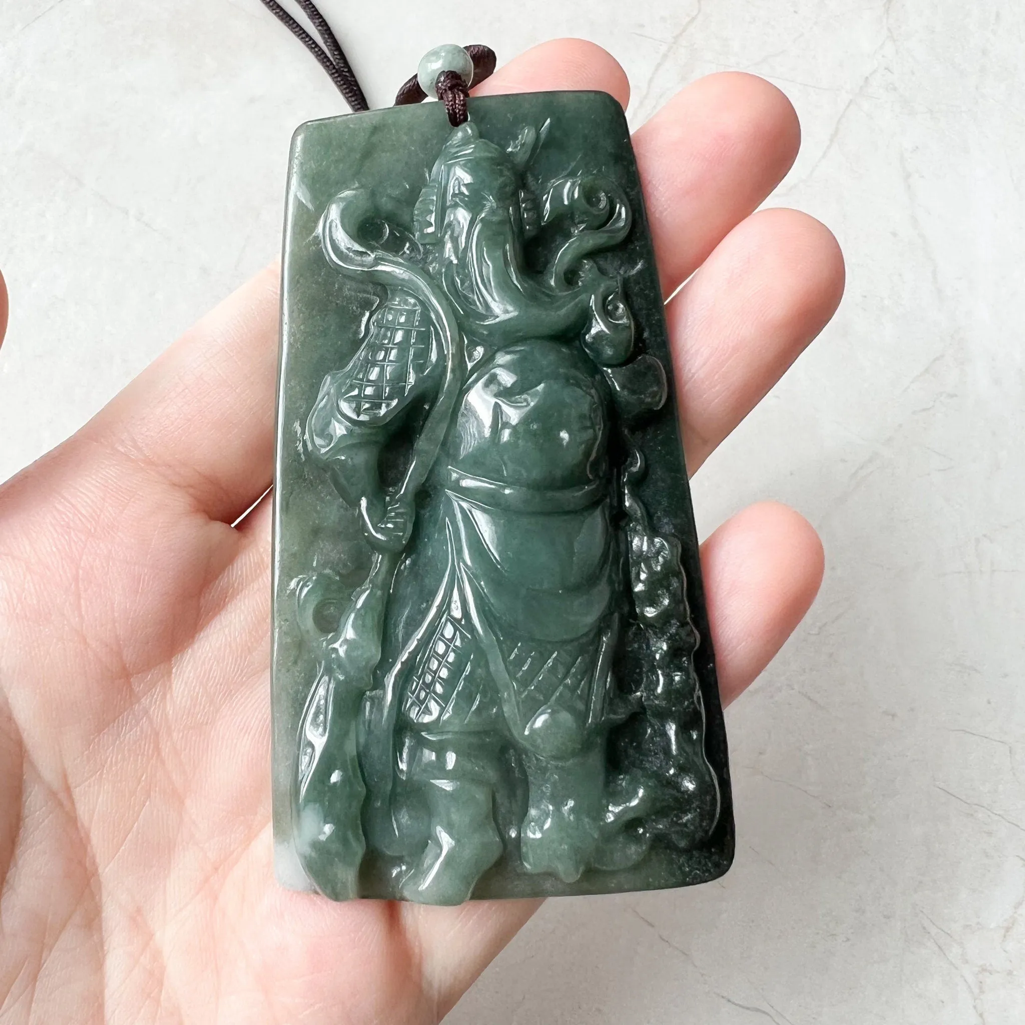Large Green Jadeite Jade Guan Yu Guan Gong Carved Pendant Necklace, YJ-0621-0244293