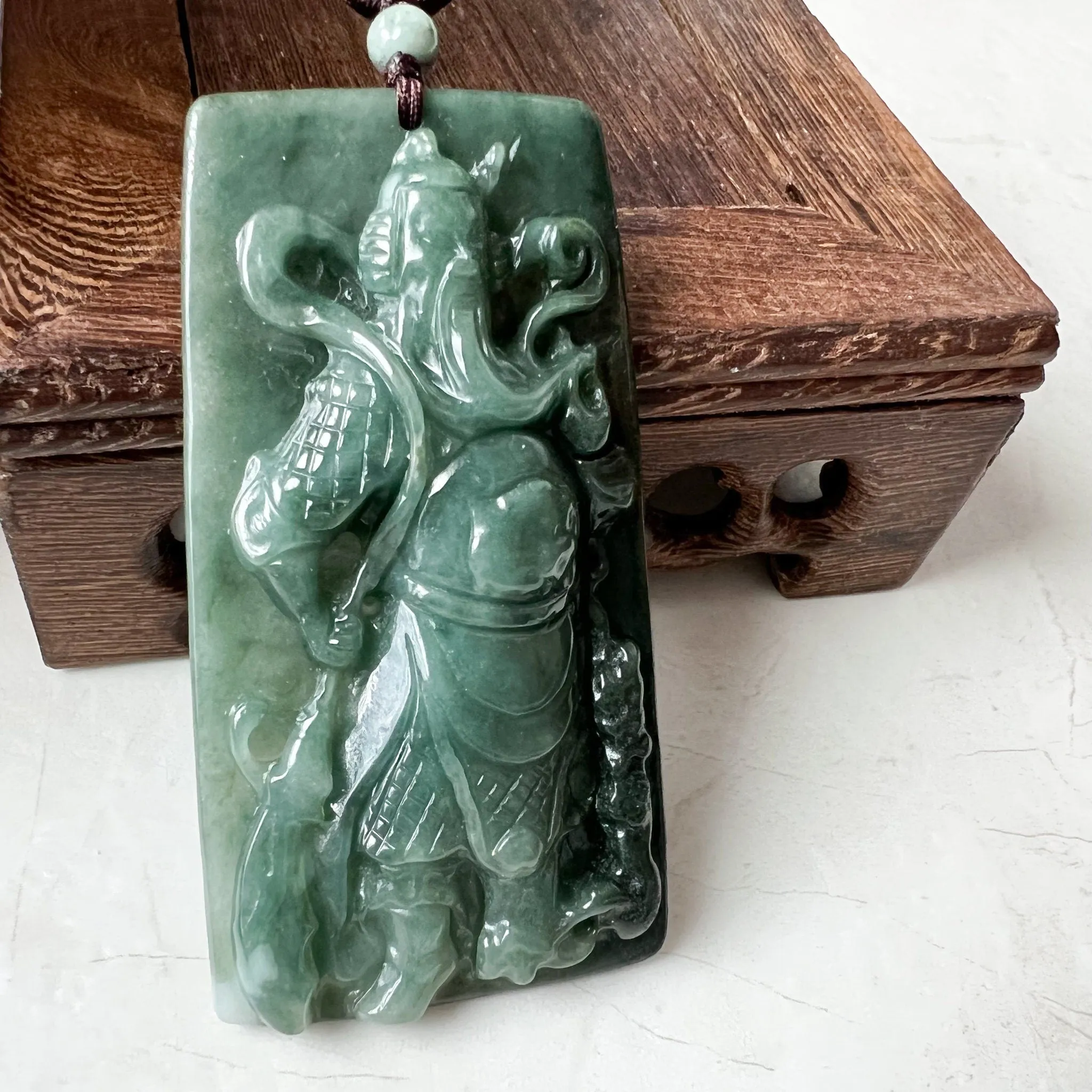 Large Green Jadeite Jade Guan Yu Guan Gong Carved Pendant Necklace, YJ-0621-0244293