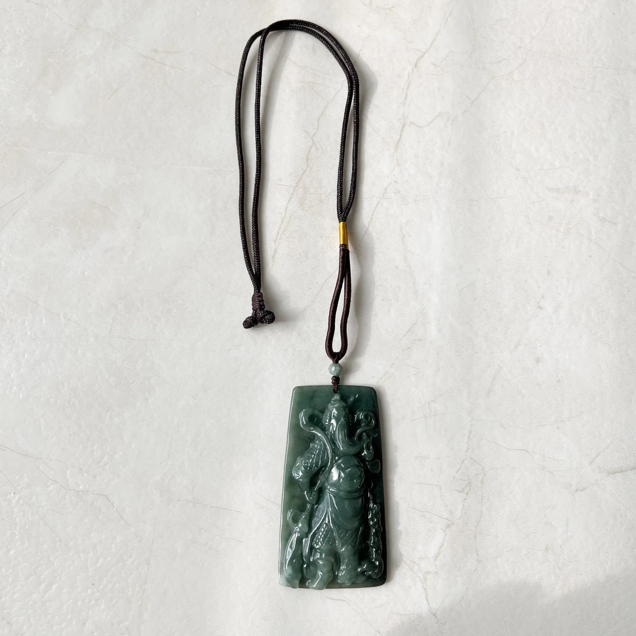 Large Green Jadeite Jade Guan Yu Guan Gong Carved Pendant Necklace, YJ-0621-0244293
