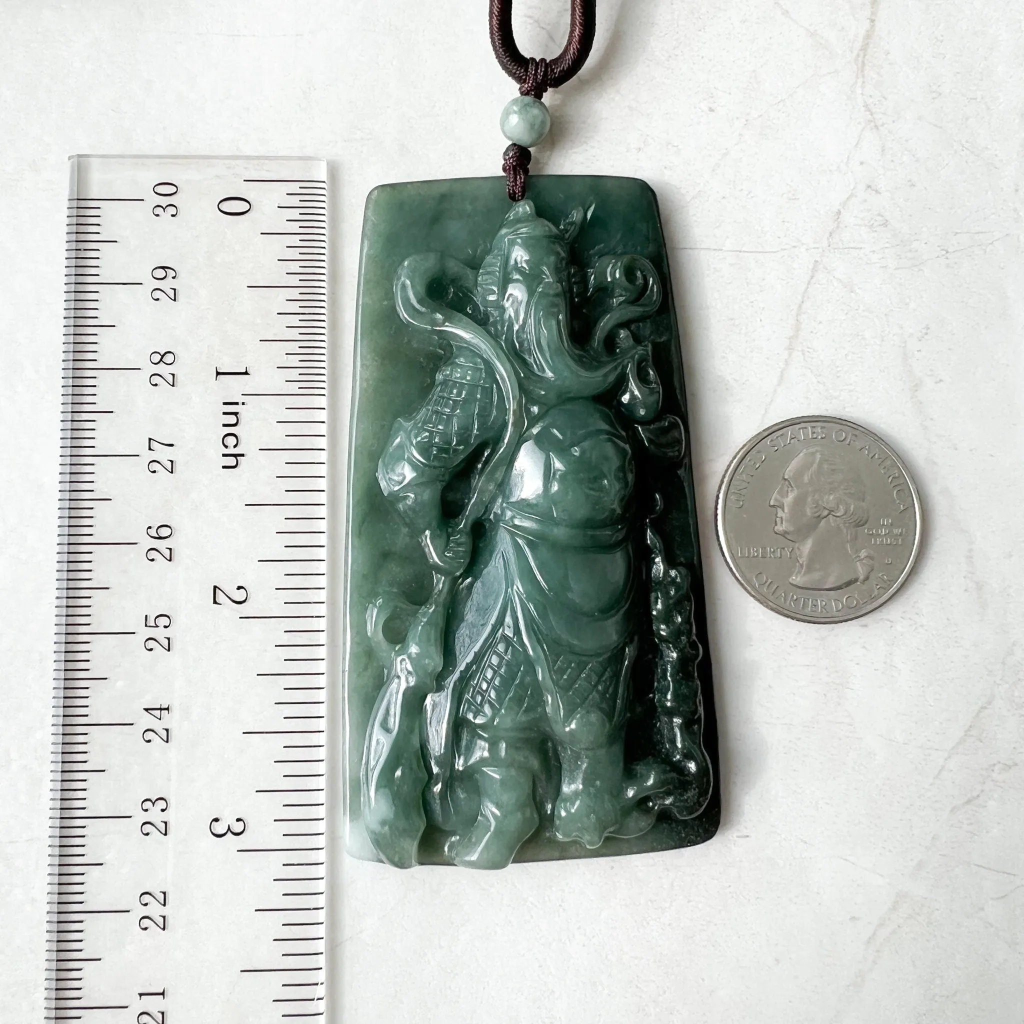 Large Green Jadeite Jade Guan Yu Guan Gong Carved Pendant Necklace, YJ-0621-0244293