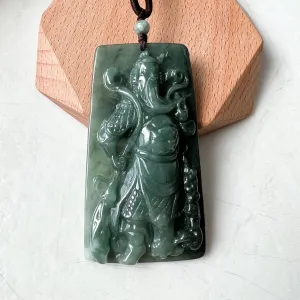 Large Green Jadeite Jade Guan Yu Guan Gong Carved Pendant Necklace, YJ-0621-0244293