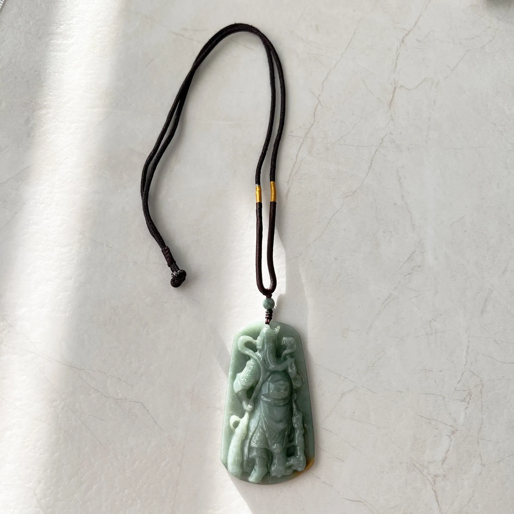 Large Green Jadeite Jade Guan Yu Guan Gong Carved Pendant Necklace, YJ-1221-0228922