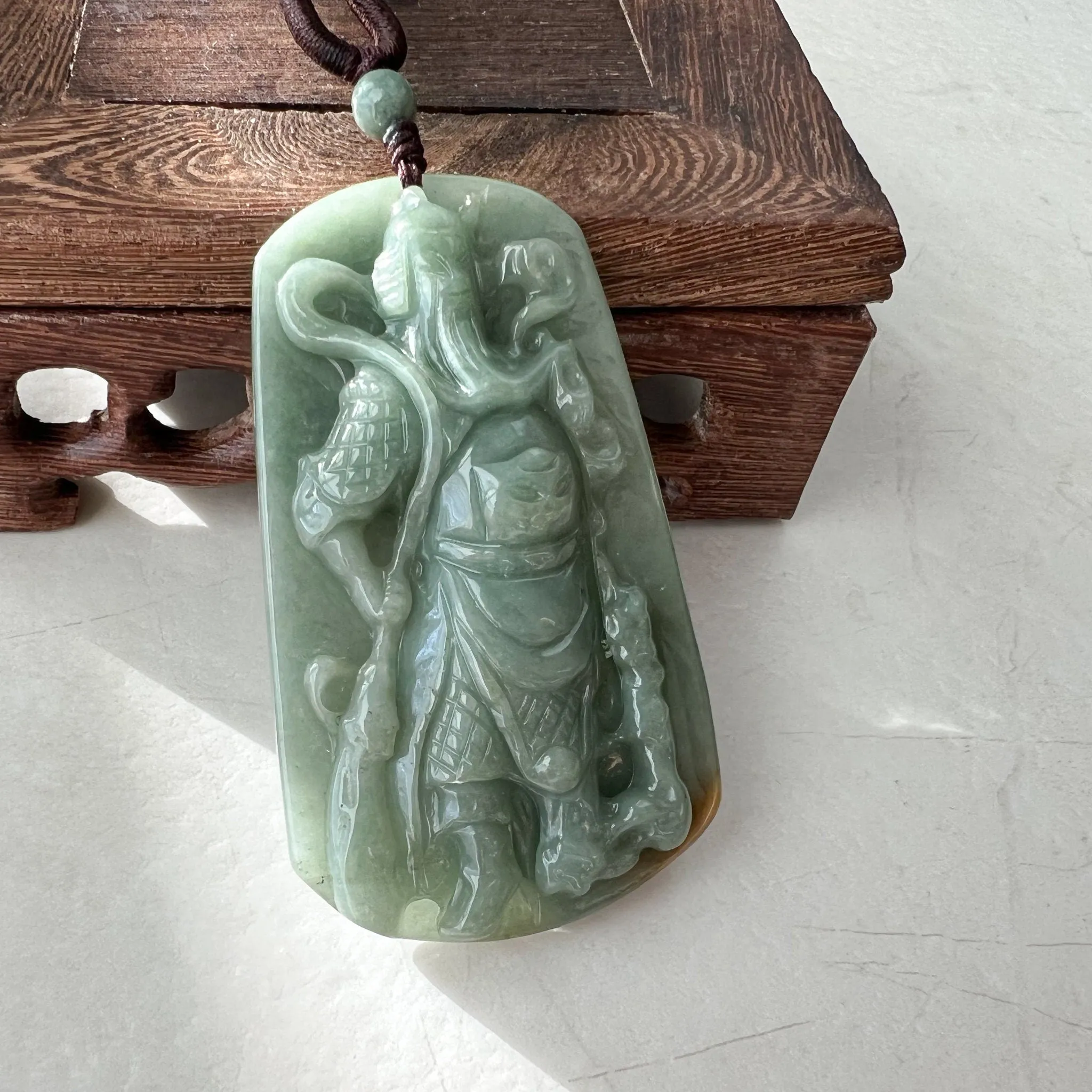 Large Green Jadeite Jade Guan Yu Guan Gong Carved Pendant Necklace, YJ-1221-0228922