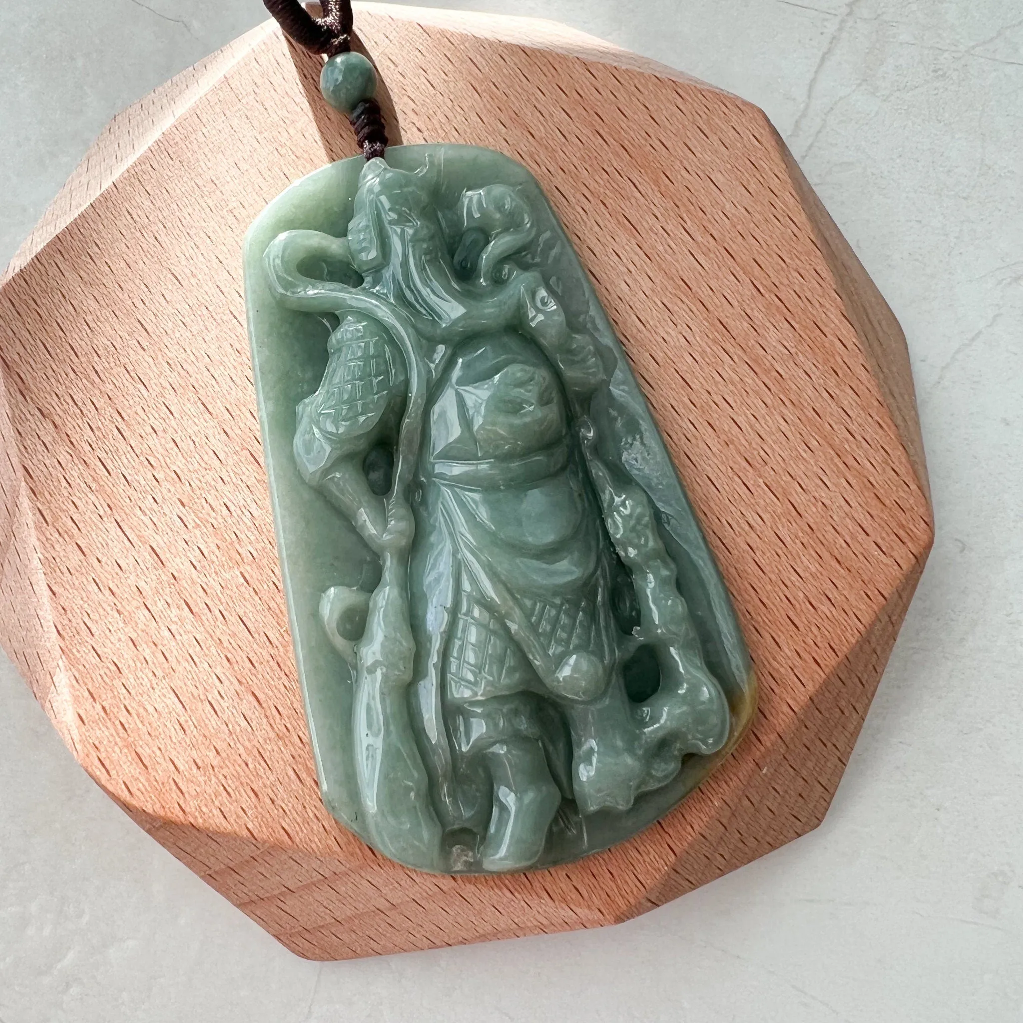 Large Green Jadeite Jade Guan Yu Guan Gong Carved Pendant Necklace, YJ-1221-0228922