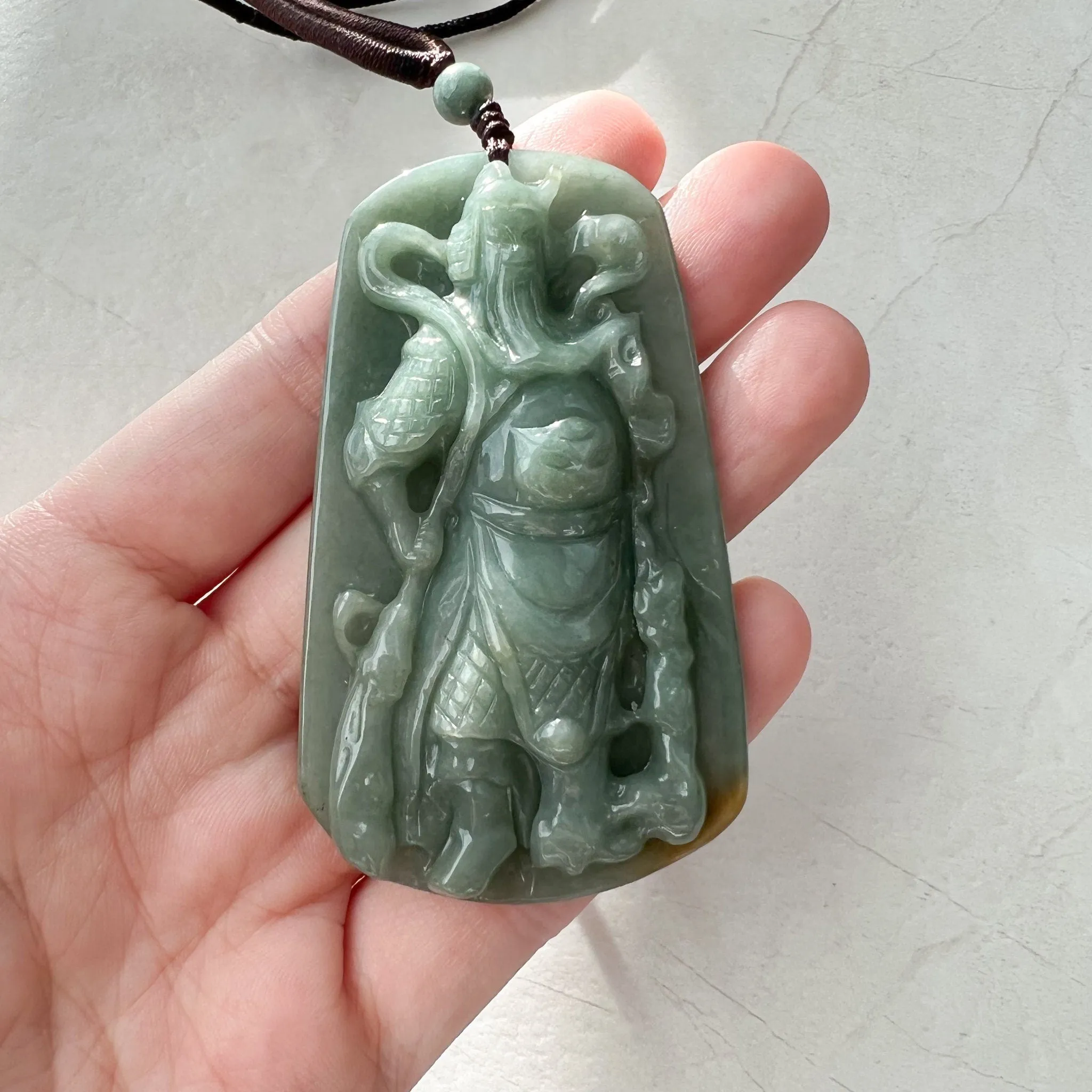 Large Green Jadeite Jade Guan Yu Guan Gong Carved Pendant Necklace, YJ-1221-0228922