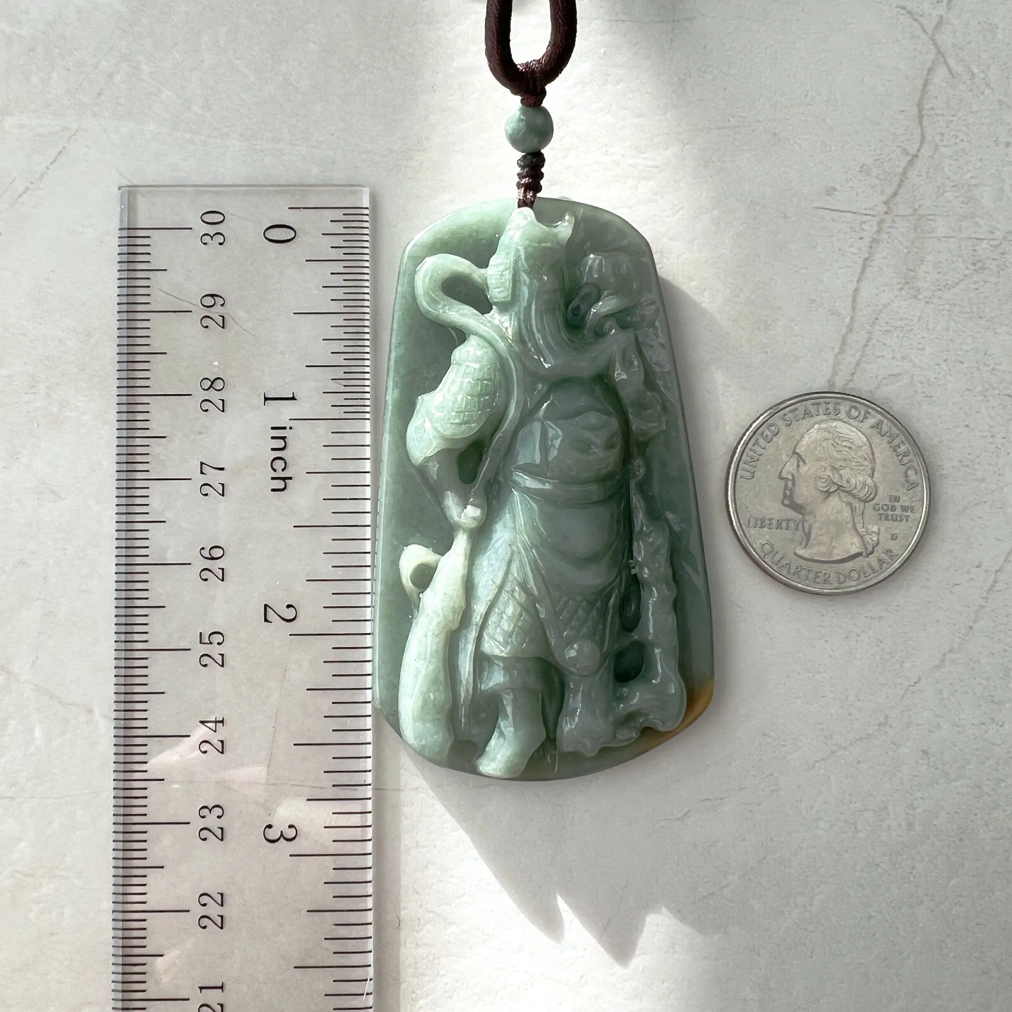 Large Green Jadeite Jade Guan Yu Guan Gong Carved Pendant Necklace, YJ-1221-0228922