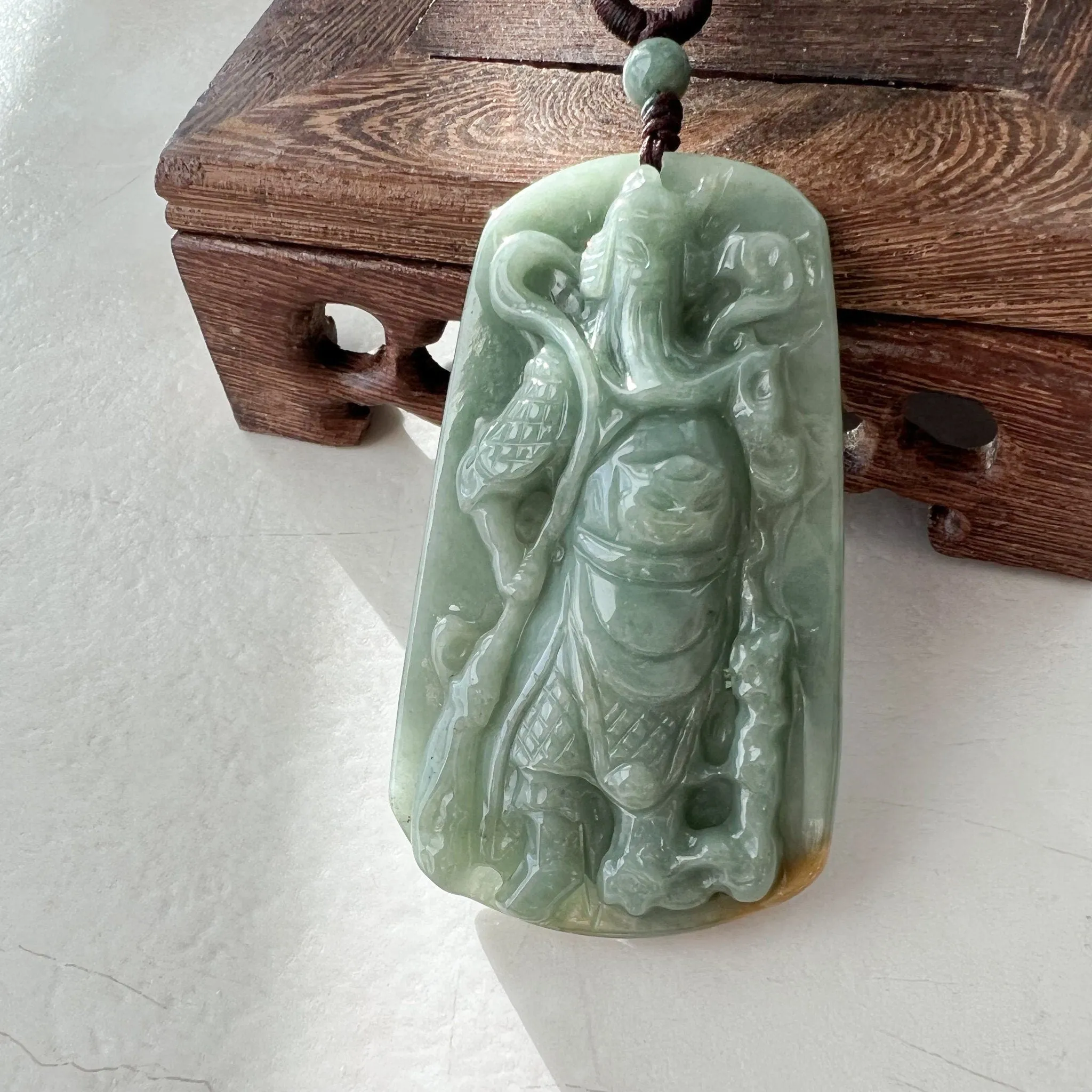 Large Green Jadeite Jade Guan Yu Guan Gong Carved Pendant Necklace, YJ-1221-0228922