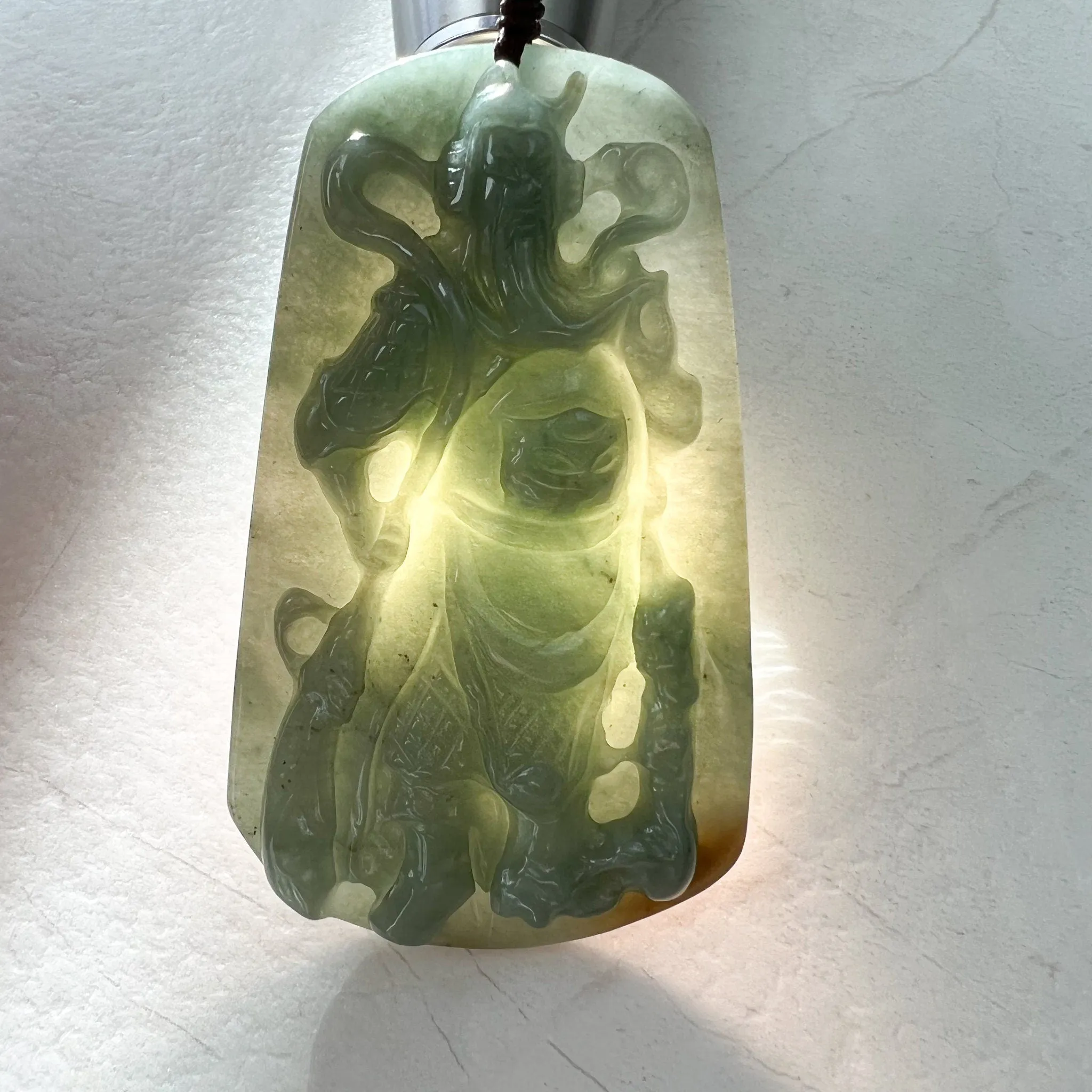 Large Green Jadeite Jade Guan Yu Guan Gong Carved Pendant Necklace, YJ-1221-0228922