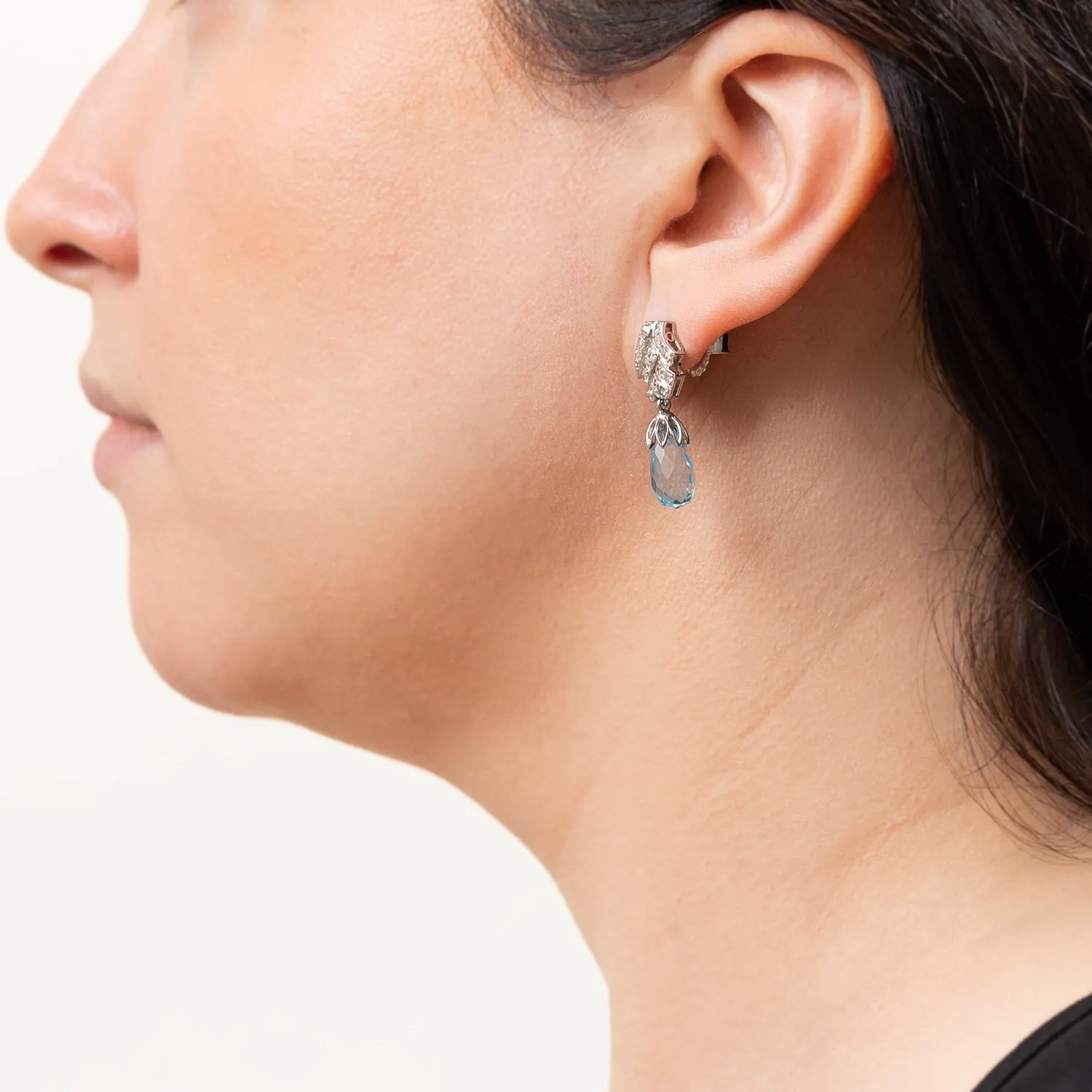 Late Art Deco Platinum Aquamarine Briolette   Diamond Earrings