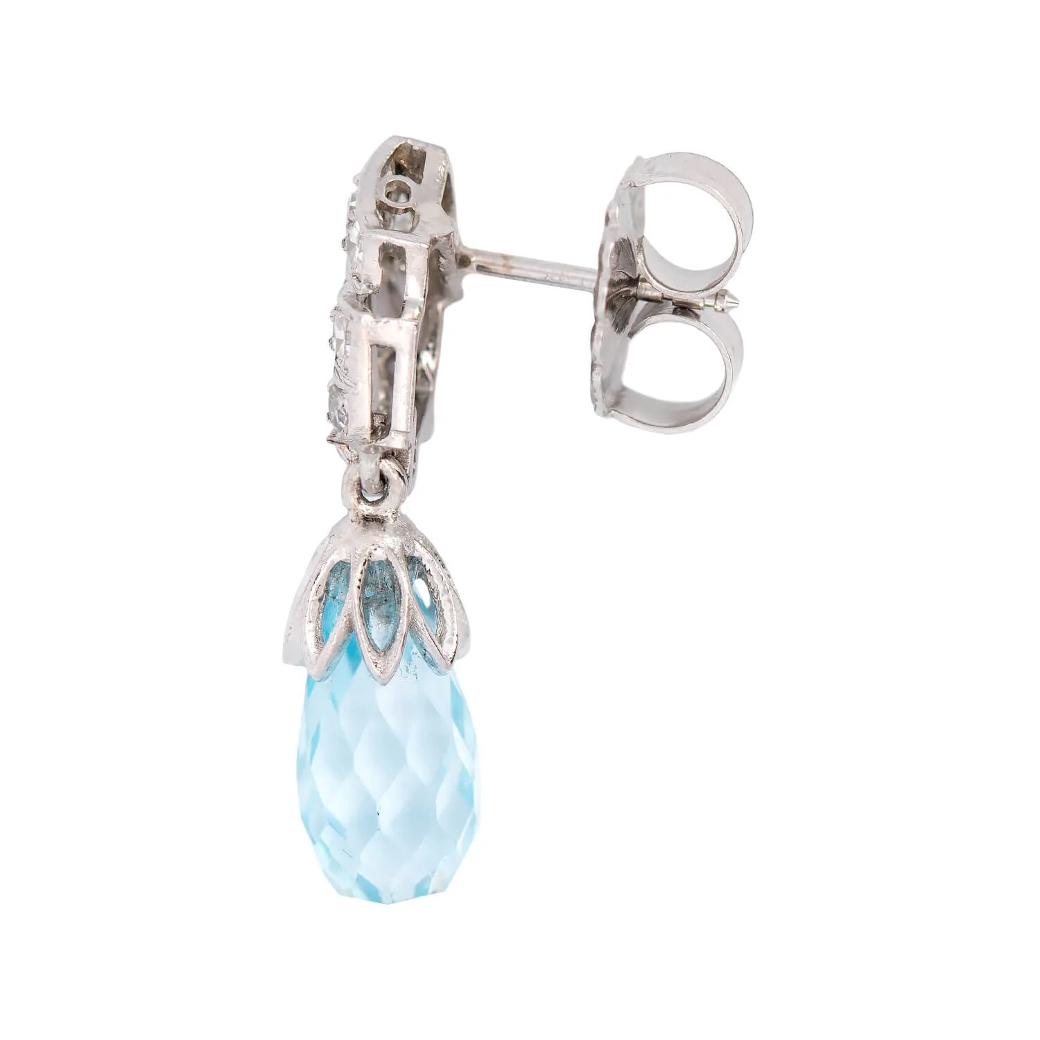 Late Art Deco Platinum Aquamarine Briolette   Diamond Earrings