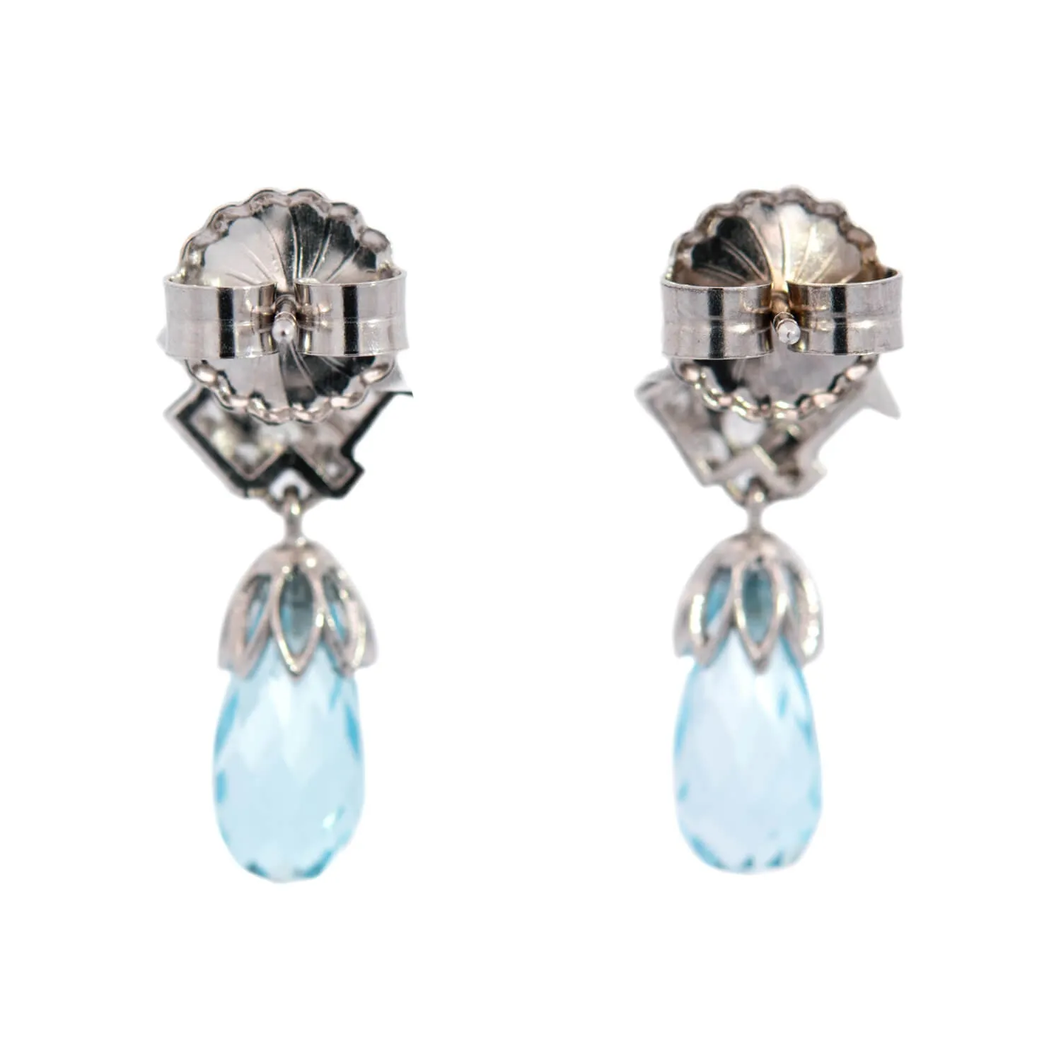 Late Art Deco Platinum Aquamarine Briolette   Diamond Earrings