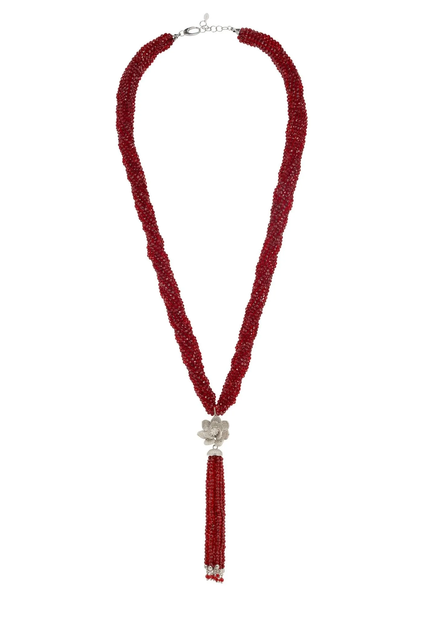 Lotus Flower Tassel Statement Necklace Garnet Red Silver