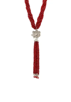 Lotus Flower Tassel Statement Necklace Garnet Red Silver