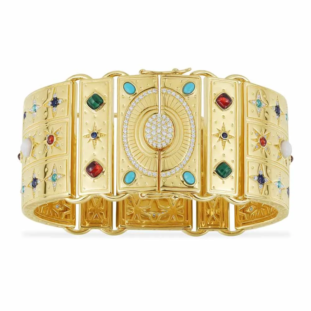 Multicolor Stone Statement Bangle - Yellow Silver