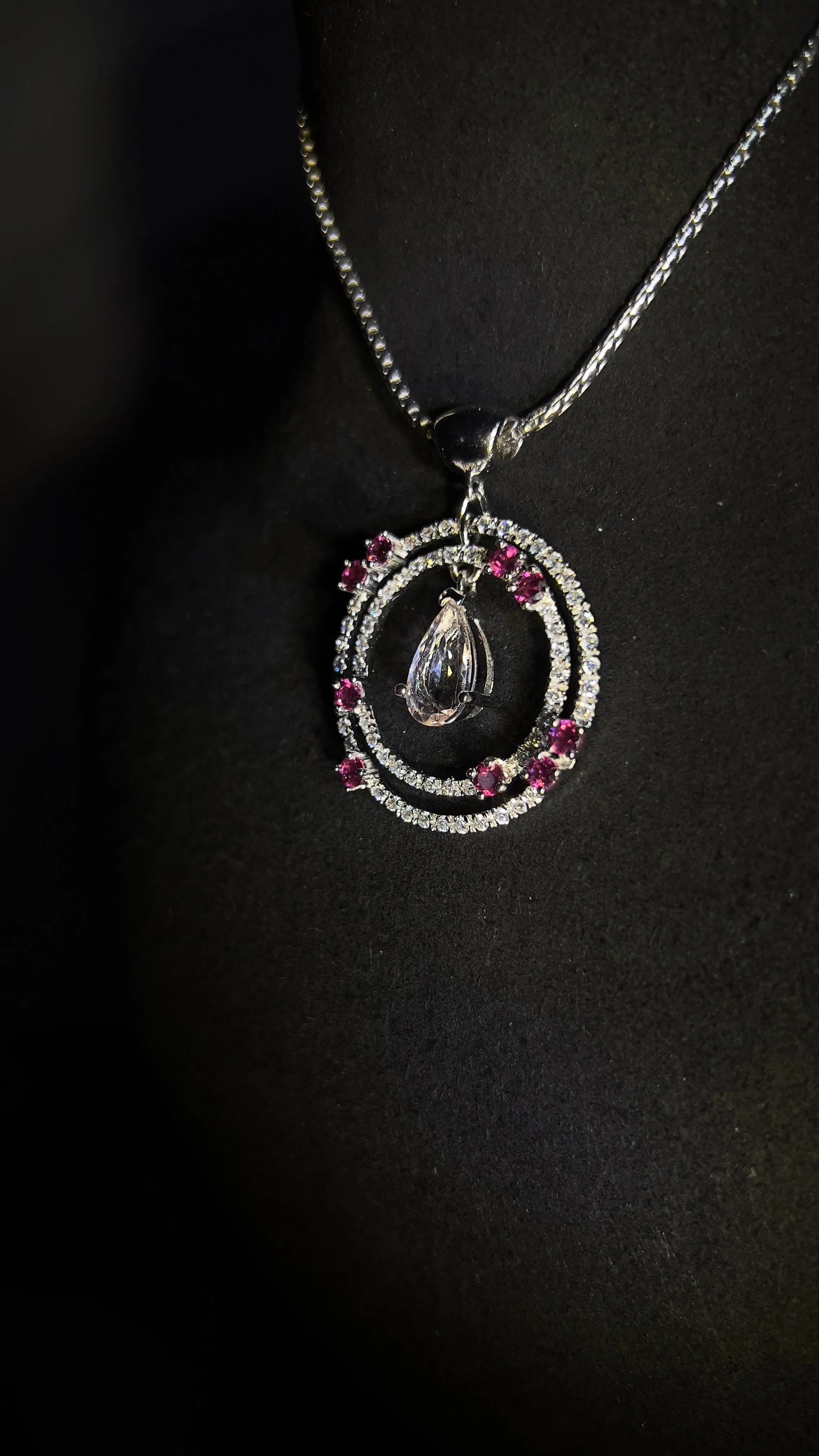 Natural Morganite and Rhodolite Garnet Pendant Necklace with Sapphires