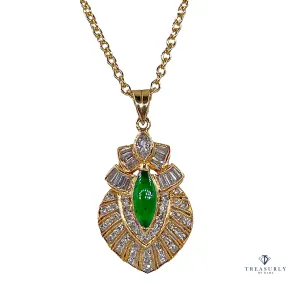 Natural UNTREATED GIA Omphacite Jade 18K Vintage Pendant of "Imperial" Color with Diamonds, 1980s