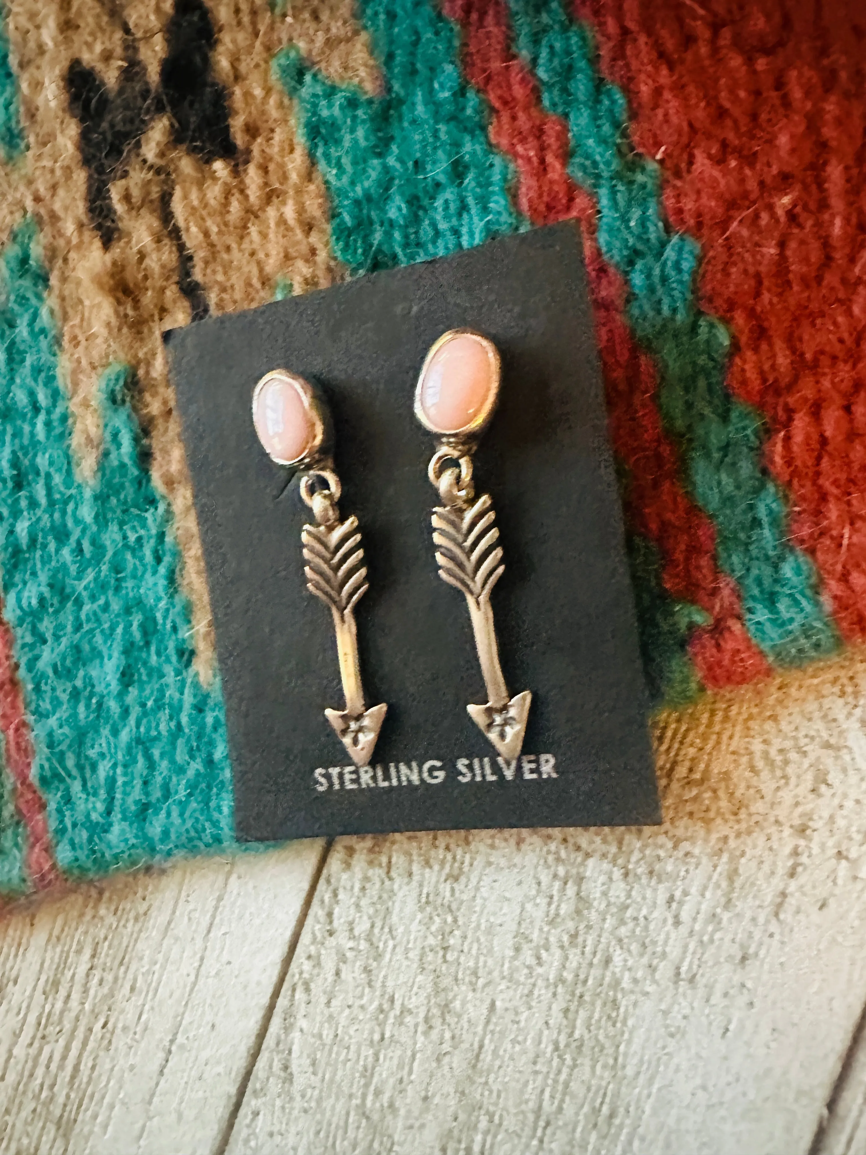 Navajo Queen Pink Conch & Sterling Silver Arrow Dangle Earrings