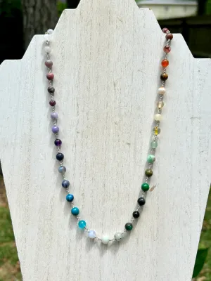 Rainbow Mixed Gemstone Sterling Silver Chain Link Wire Wrapped Necklace