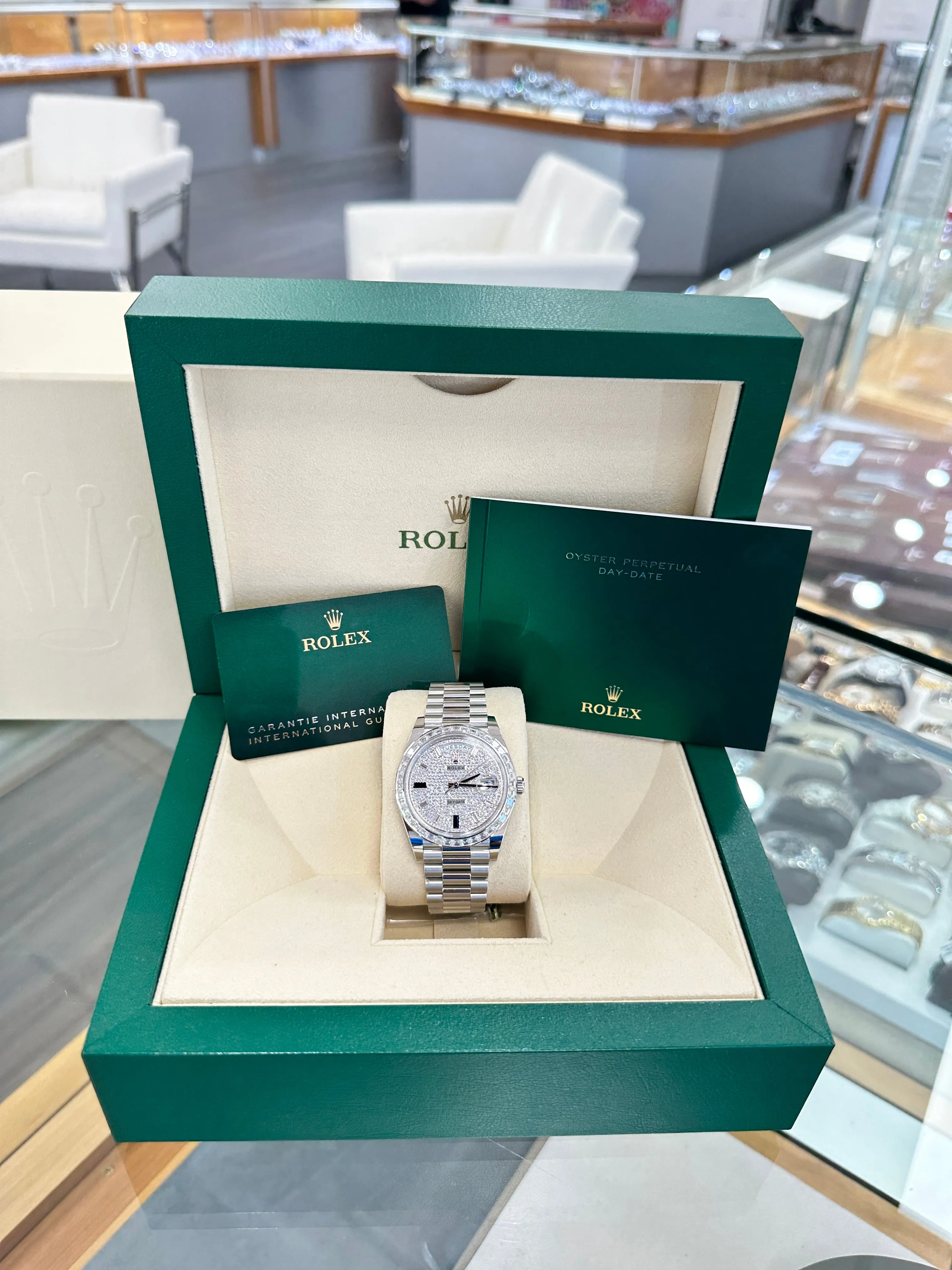 Rolex Platinum Day-Date 40 228396TBR Factory Paved Diamond Sapphire Dial Baguette Diamond Bezel Box/Papers MINT