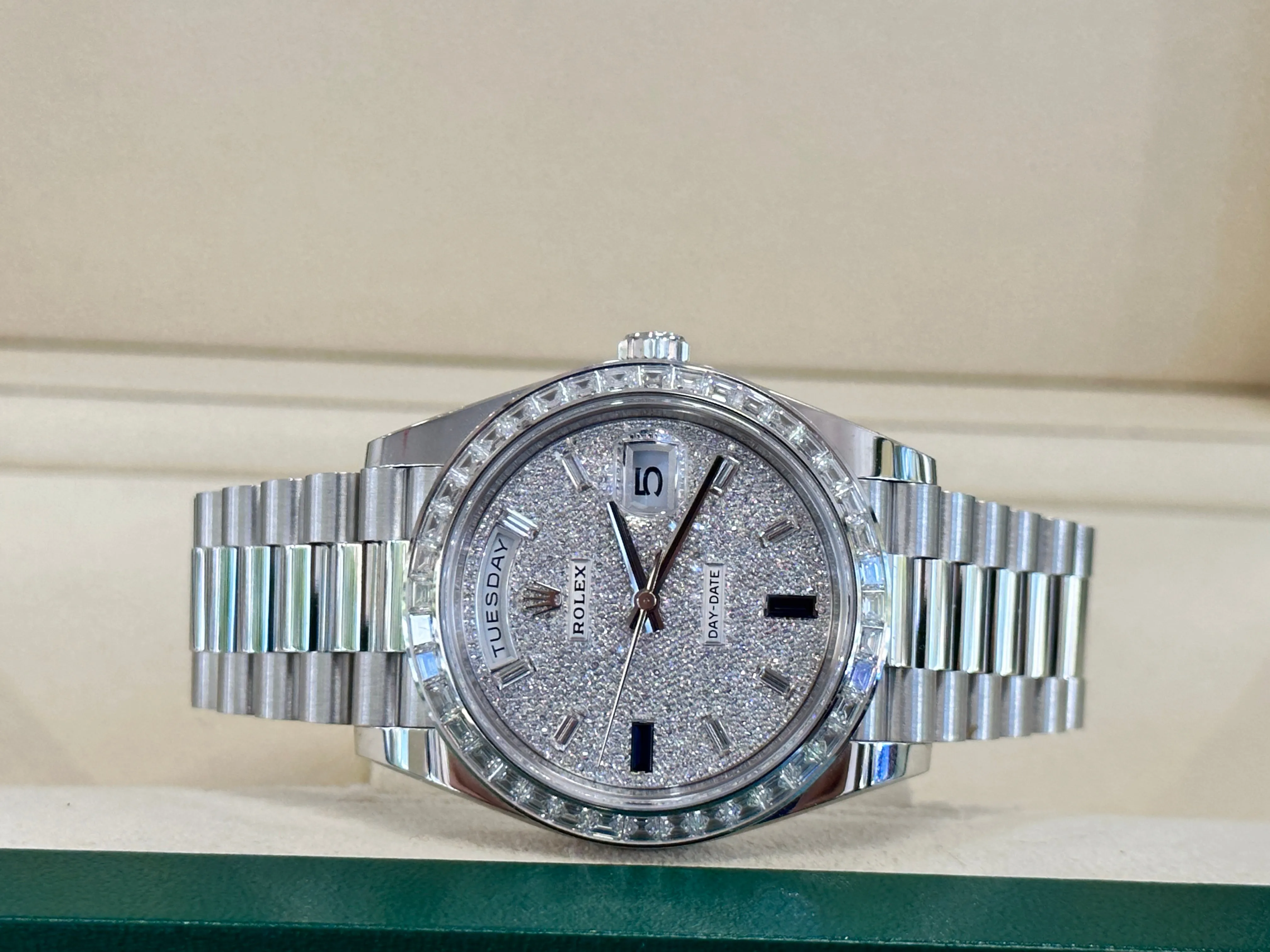 Rolex Platinum Day-Date 40 228396TBR Factory Paved Diamond Sapphire Dial Baguette Diamond Bezel Box/Papers MINT