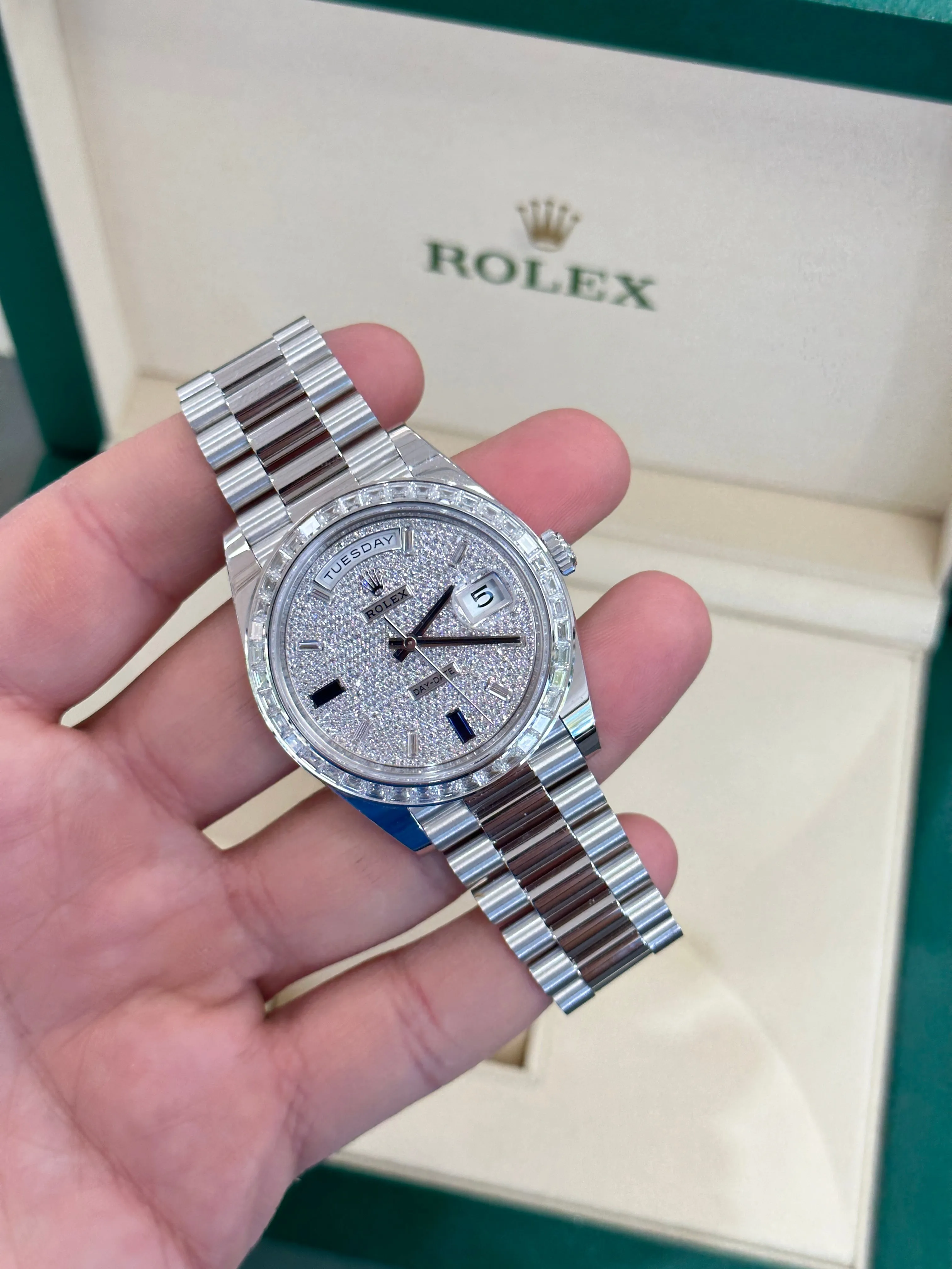 Rolex Platinum Day-Date 40 228396TBR Factory Paved Diamond Sapphire Dial Baguette Diamond Bezel Box/Papers MINT