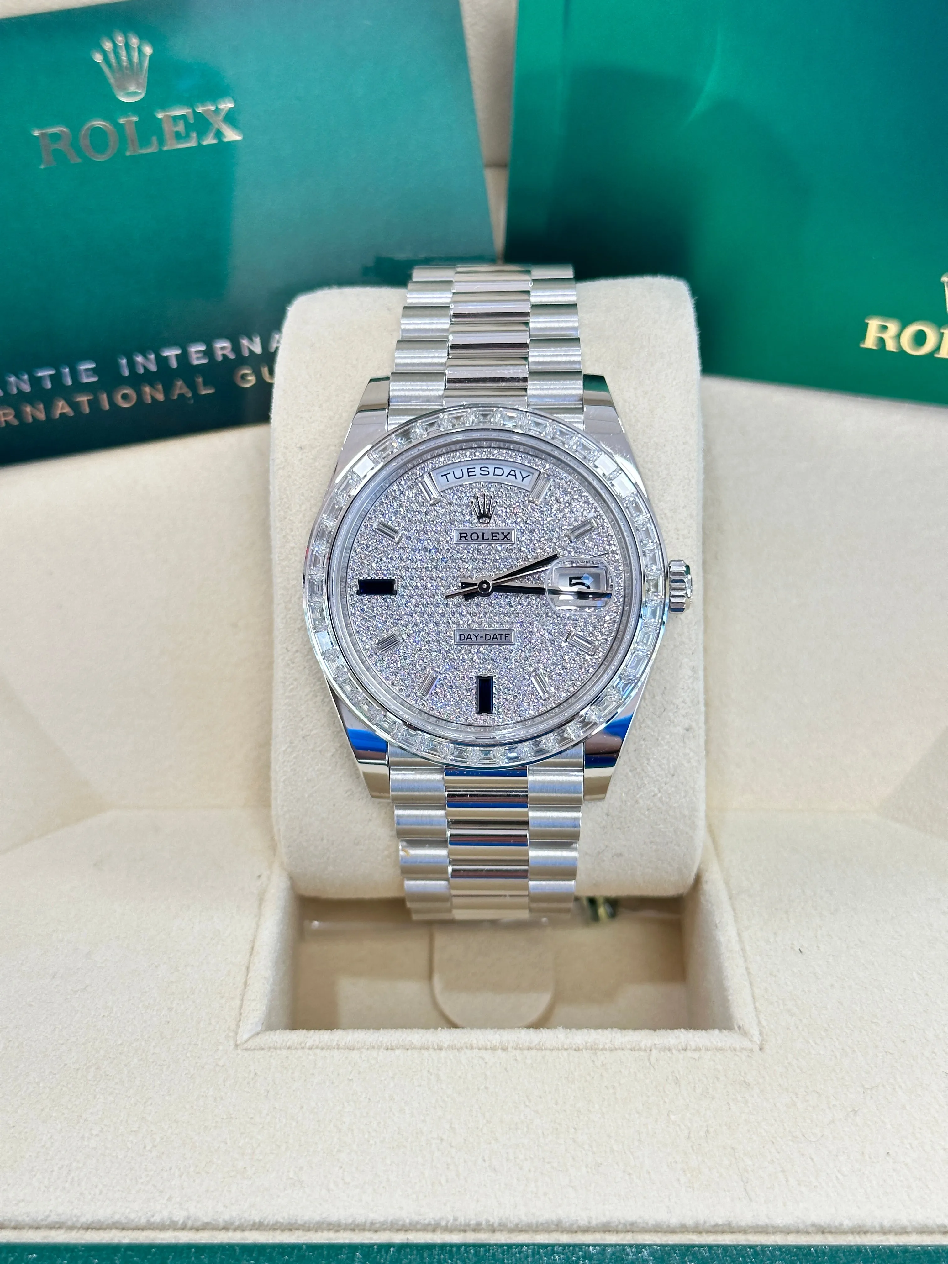 Rolex Platinum Day-Date 40 228396TBR Factory Paved Diamond Sapphire Dial Baguette Diamond Bezel Box/Papers MINT