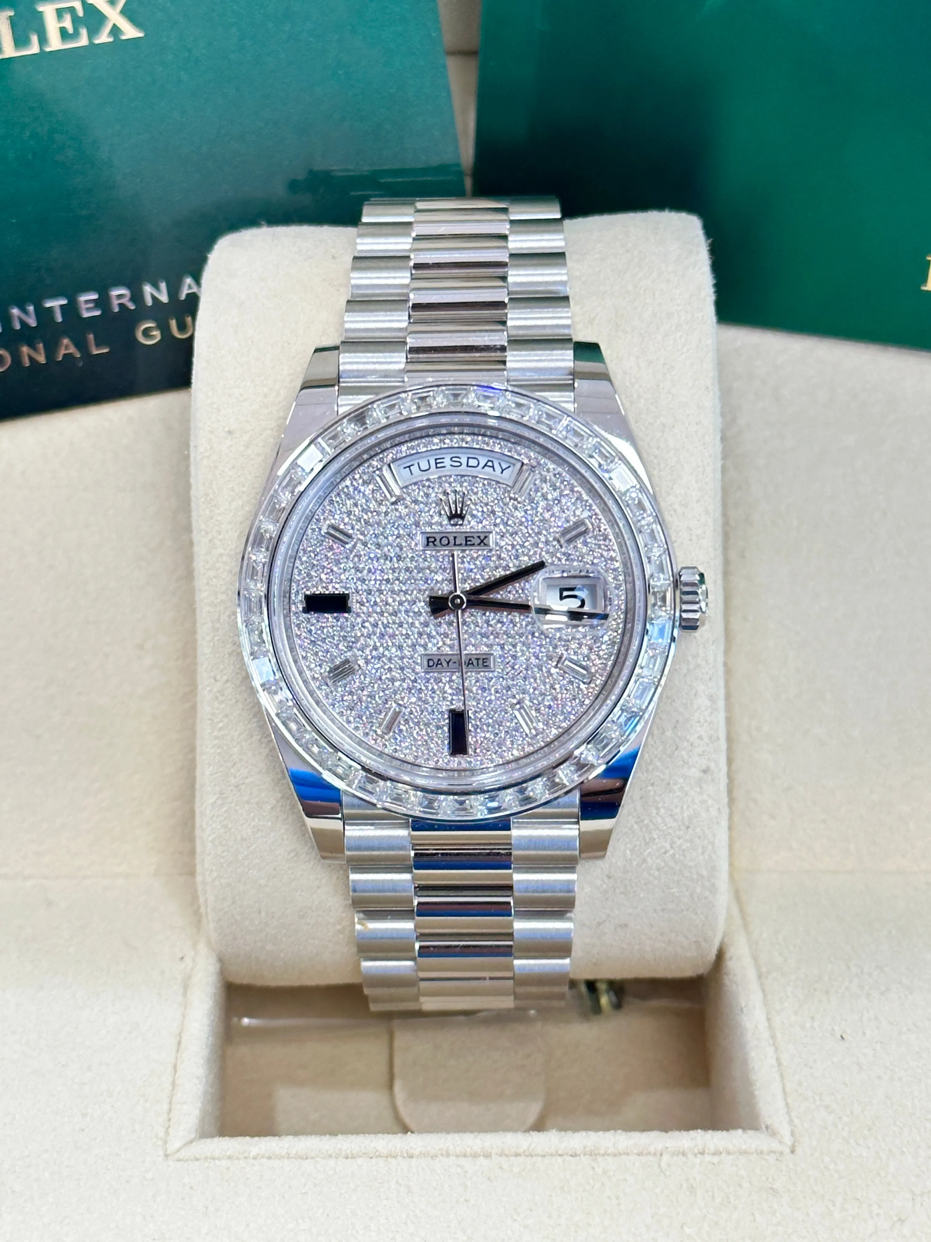 Rolex Platinum Day-Date 40 228396TBR Factory Paved Diamond Sapphire Dial Baguette Diamond Bezel Box/Papers MINT